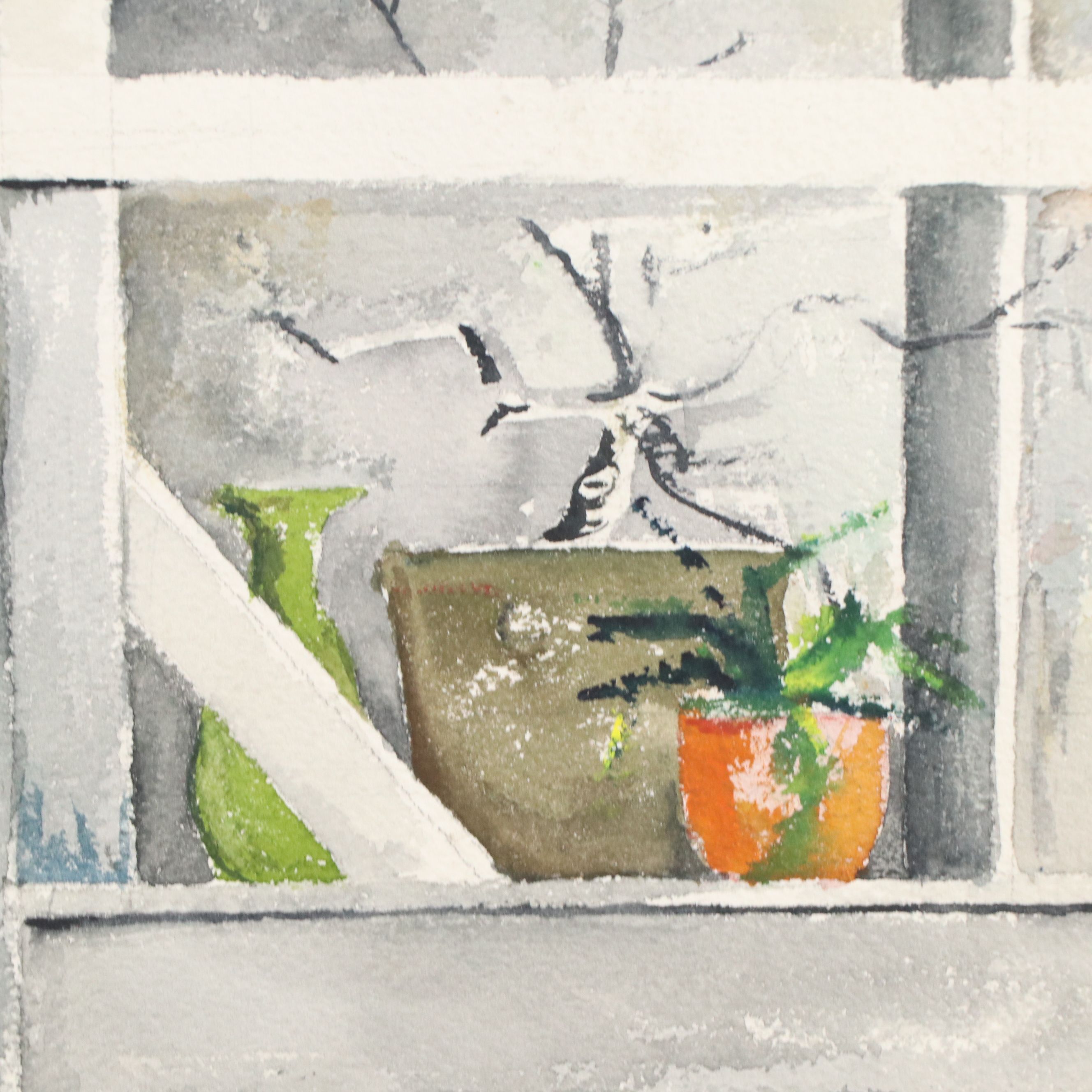 Landscape Watercolor Painting of House Exterior With Houseplants in Window