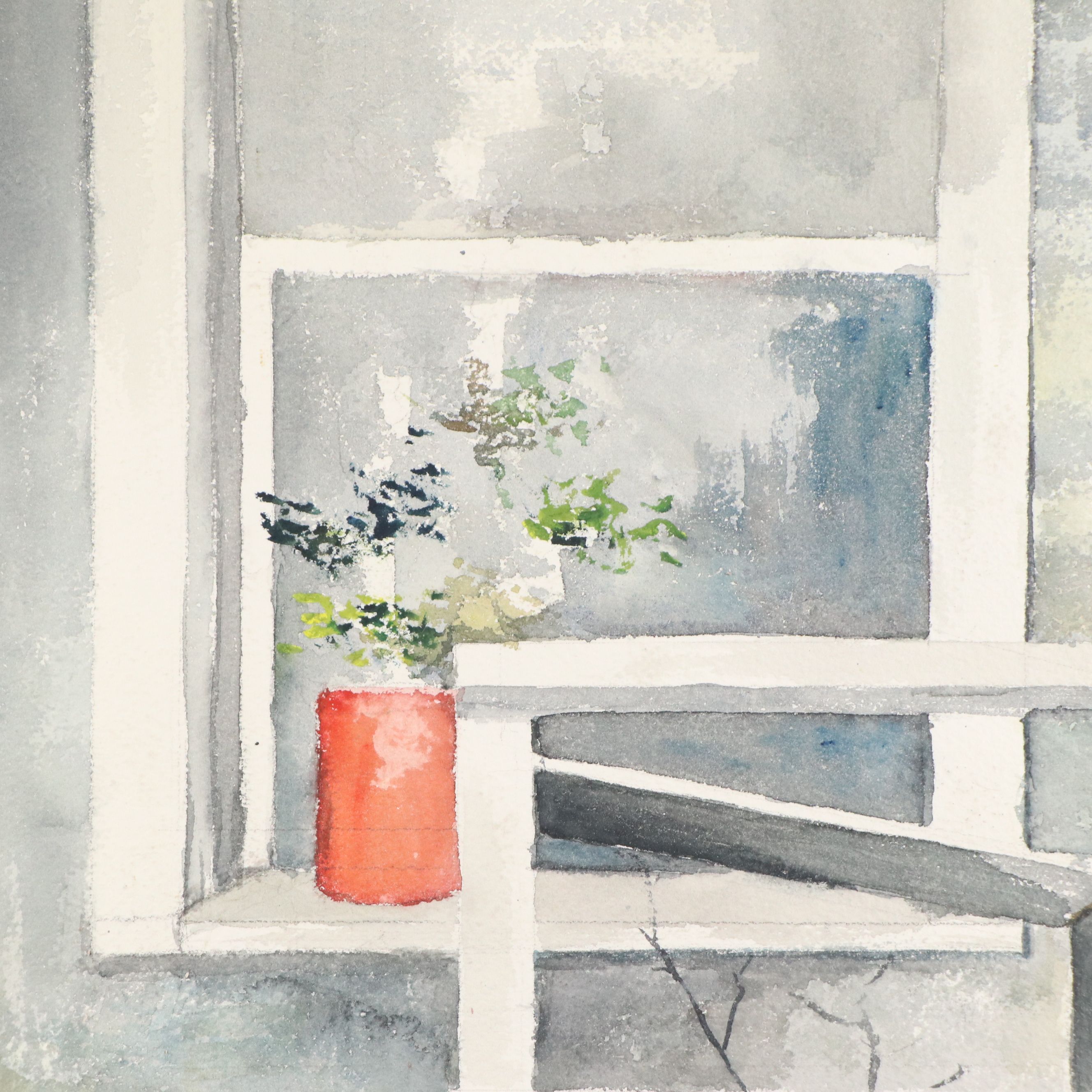 Landscape Watercolor Painting of House Exterior With Houseplants in Window