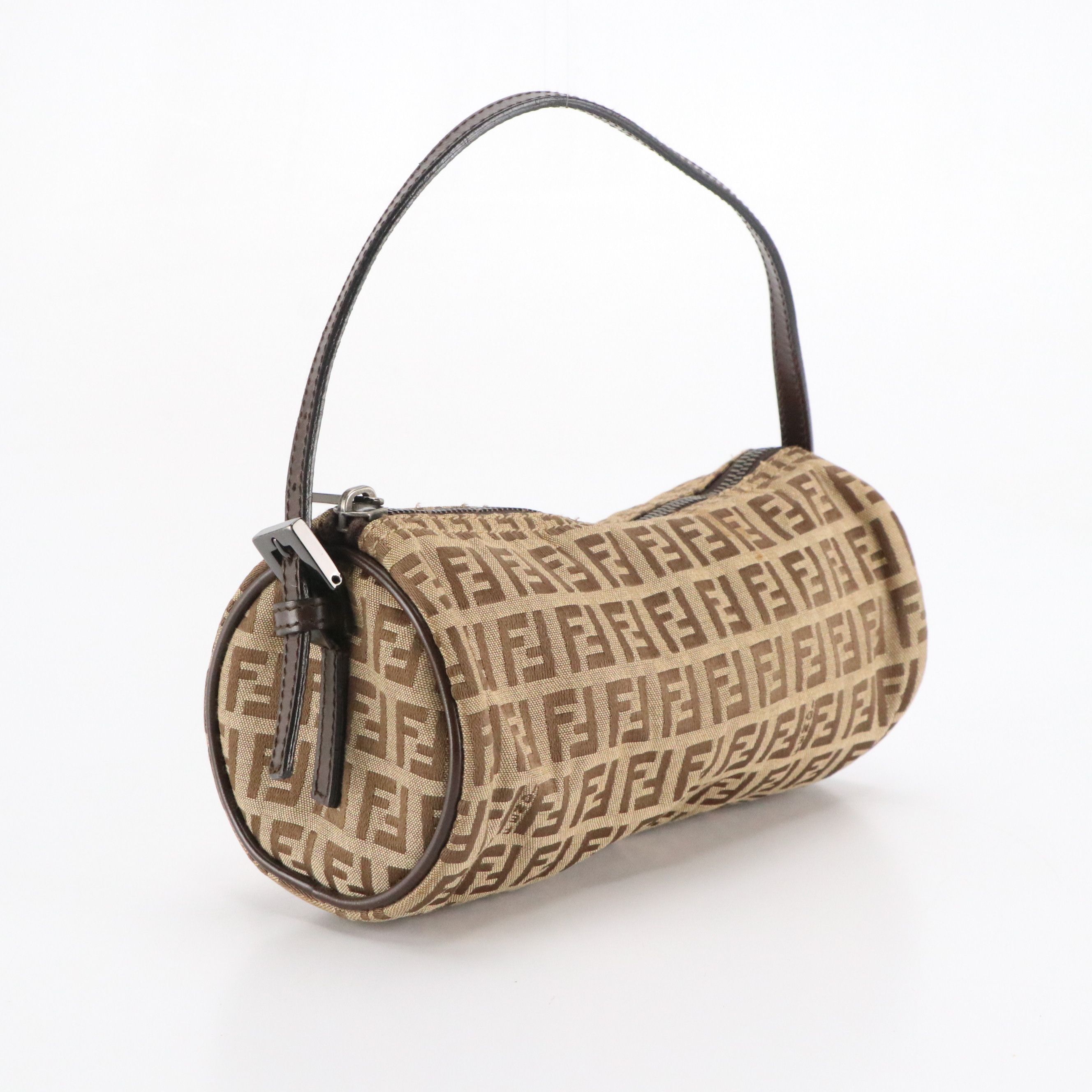 Fendi Zucchino Jacquard and Leather Small Barrel Pochette Bag