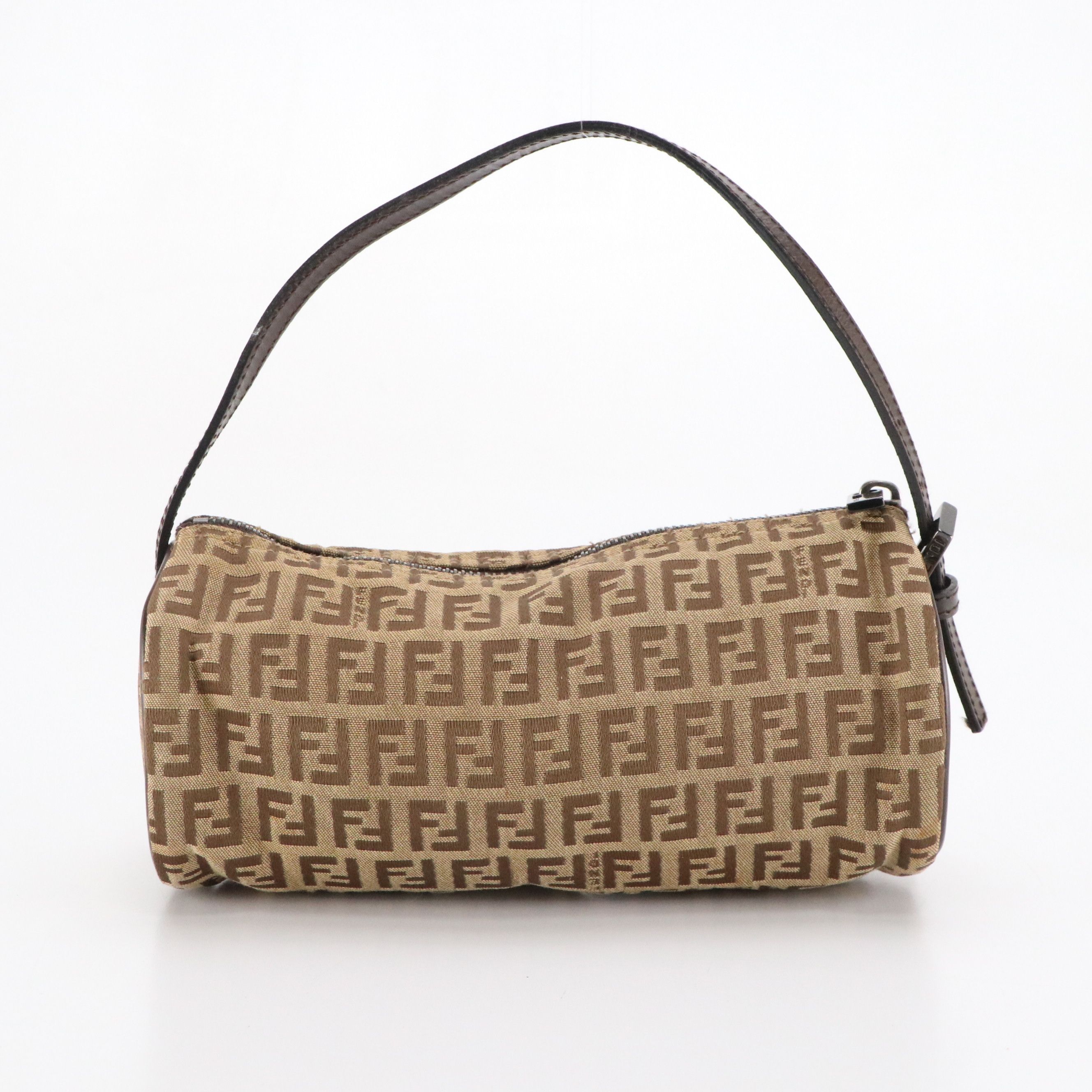 Fendi Zucchino Jacquard and Leather Small Barrel Pochette Bag