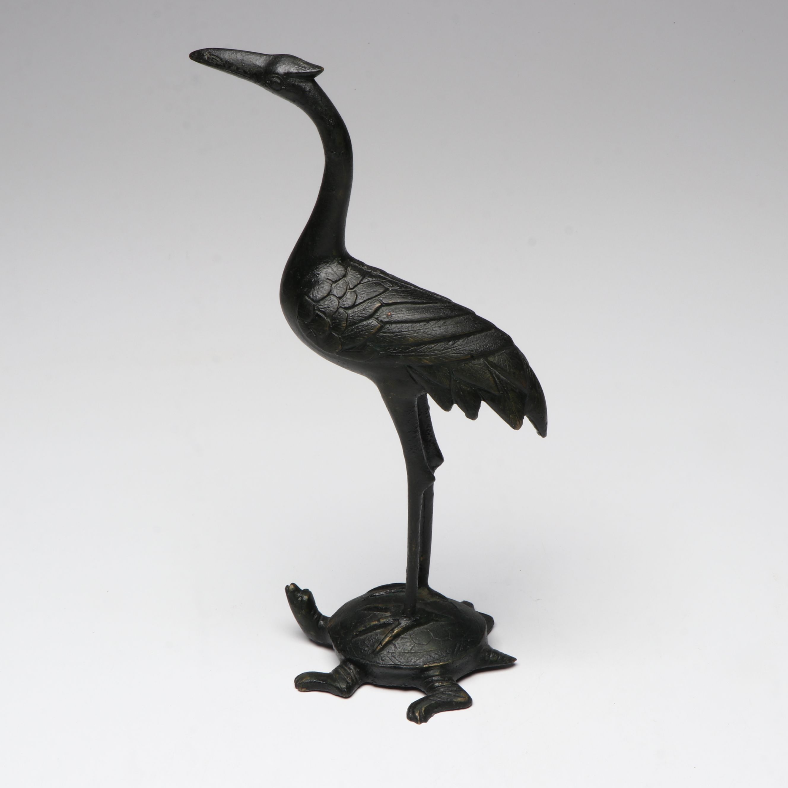 Patinated Bronze Okimono Crane Standing On Turtle Figurine