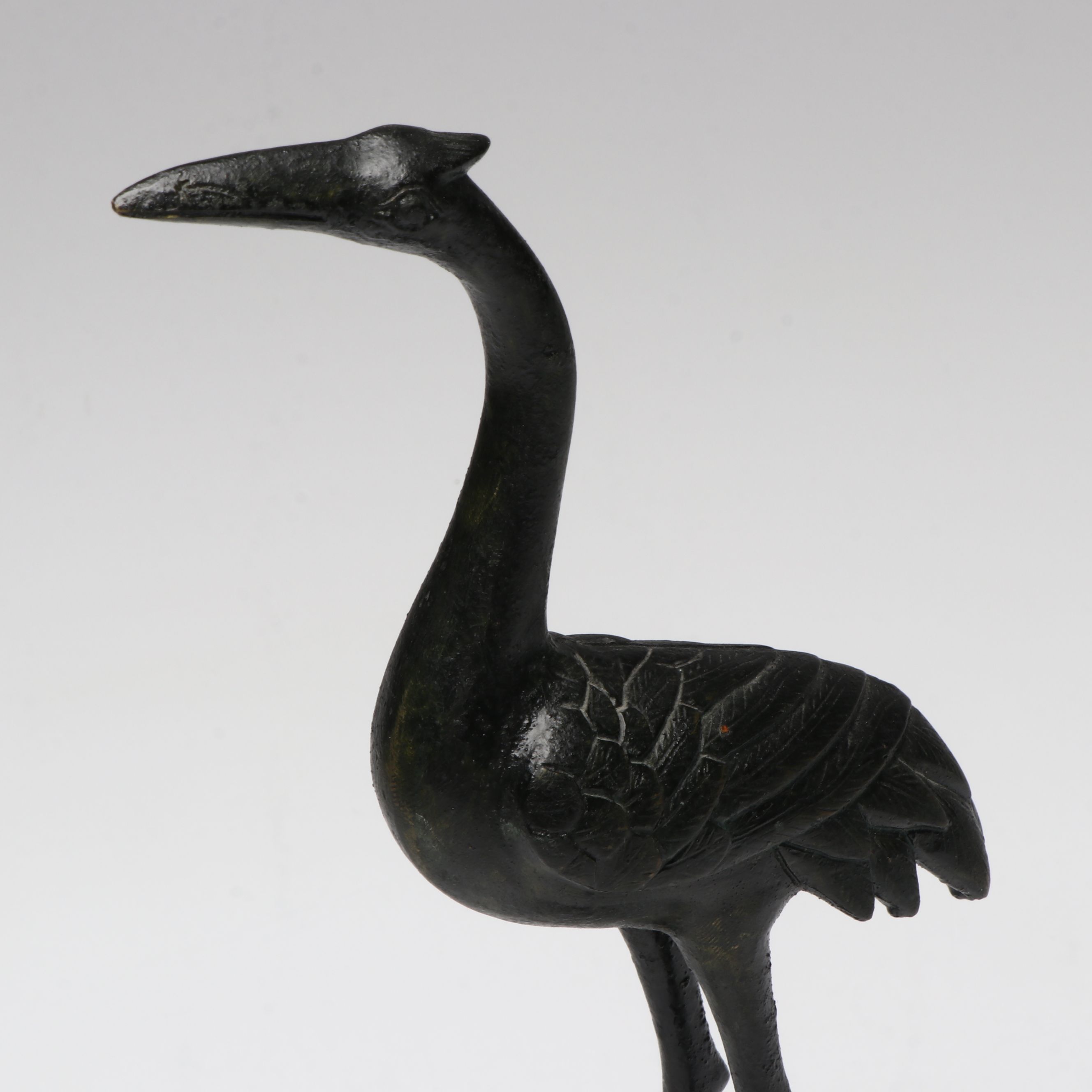 Patinated Bronze Okimono Crane Standing On Turtle Figurine