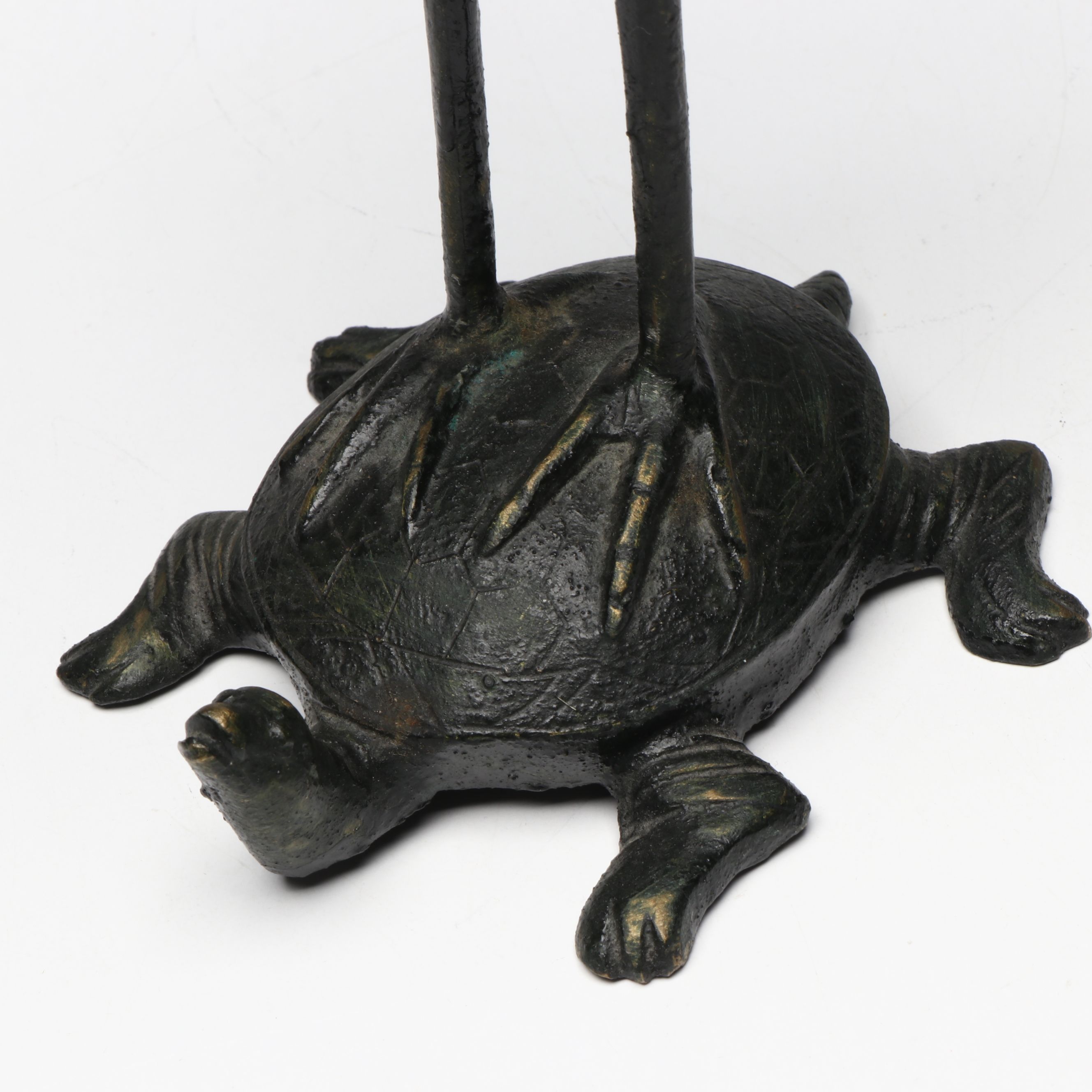 Patinated Bronze Okimono Crane Standing On Turtle Figurine