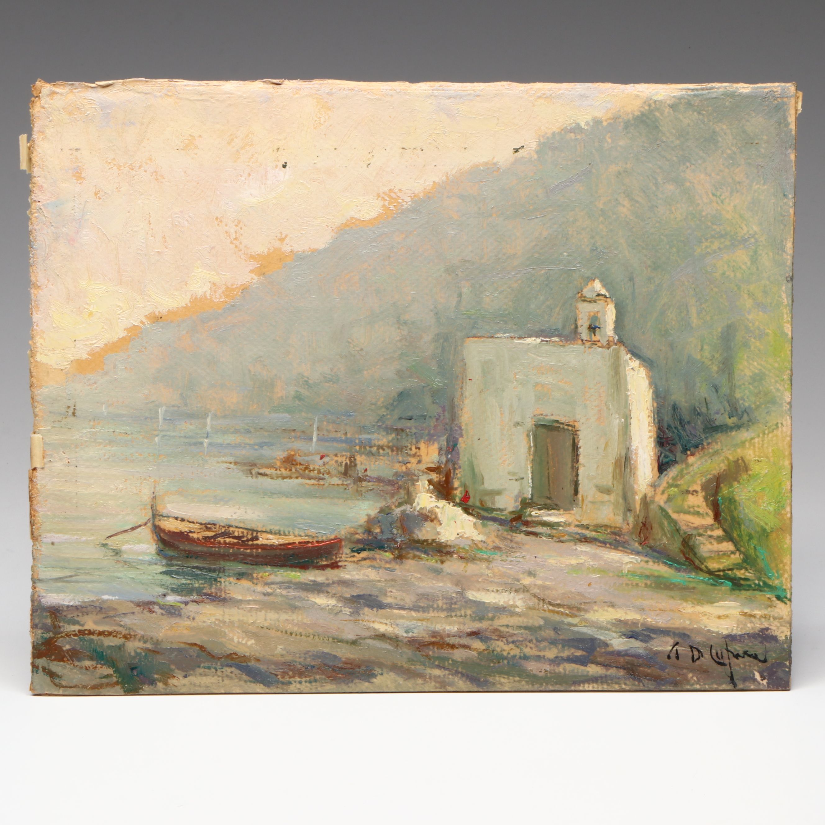 Antique Southern European Coastal Landscape Oil Painting