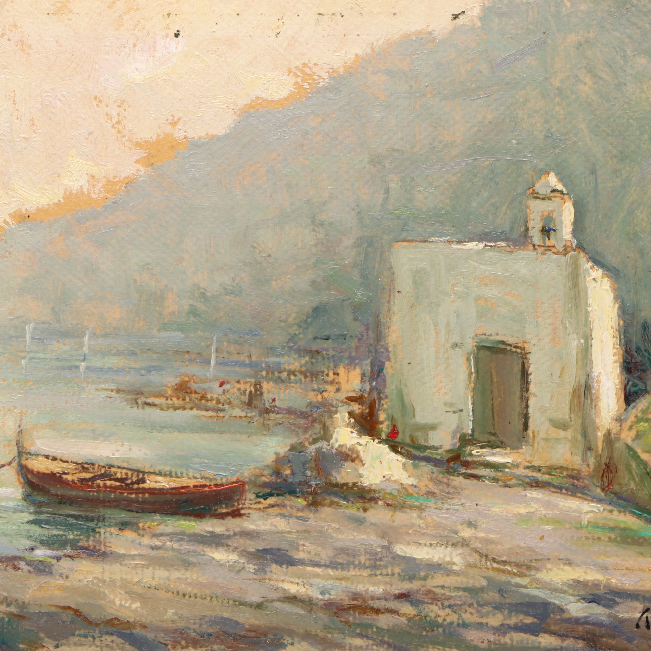 Antique Southern European Coastal Landscape Oil Painting