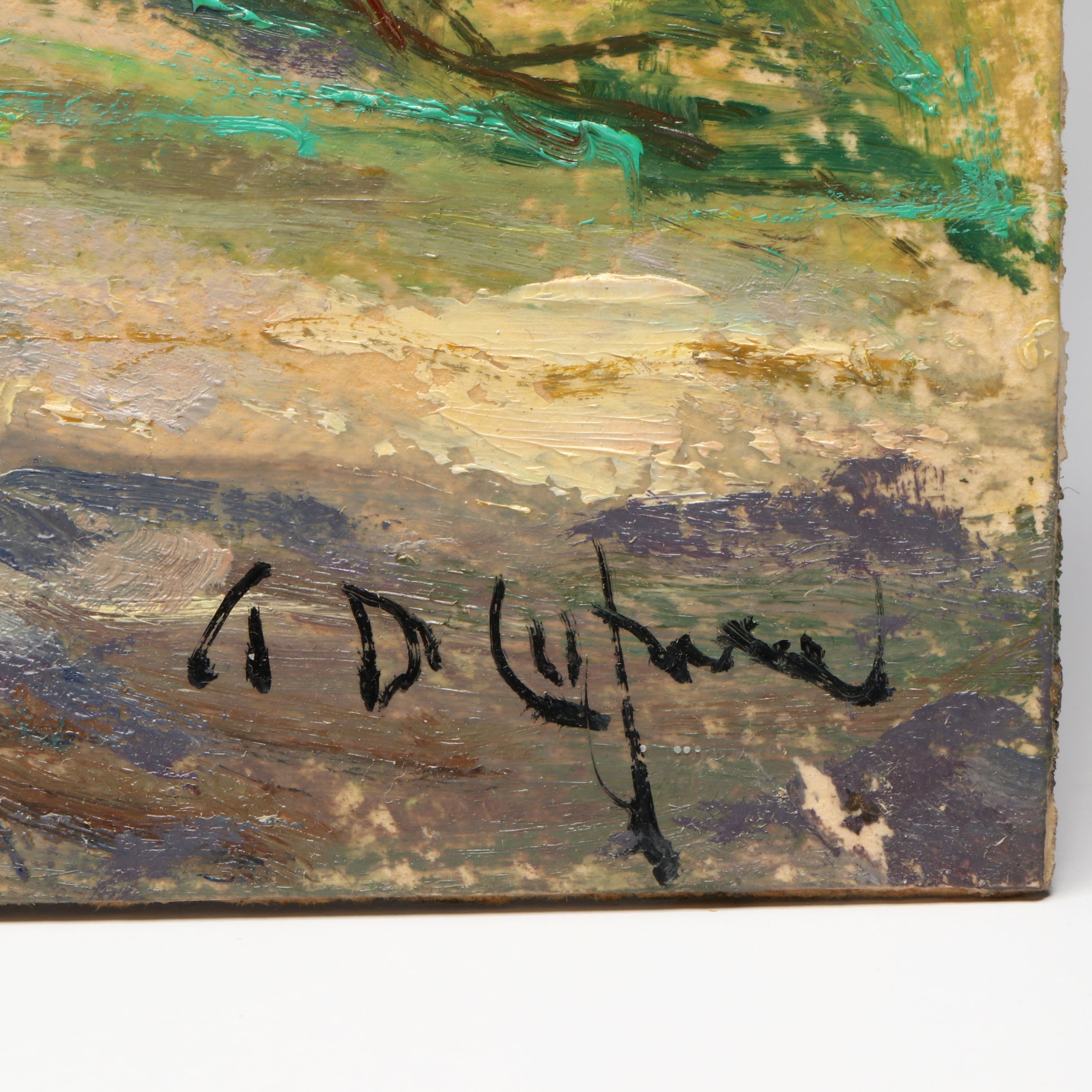 Antique Southern European Coastal Landscape Oil Painting