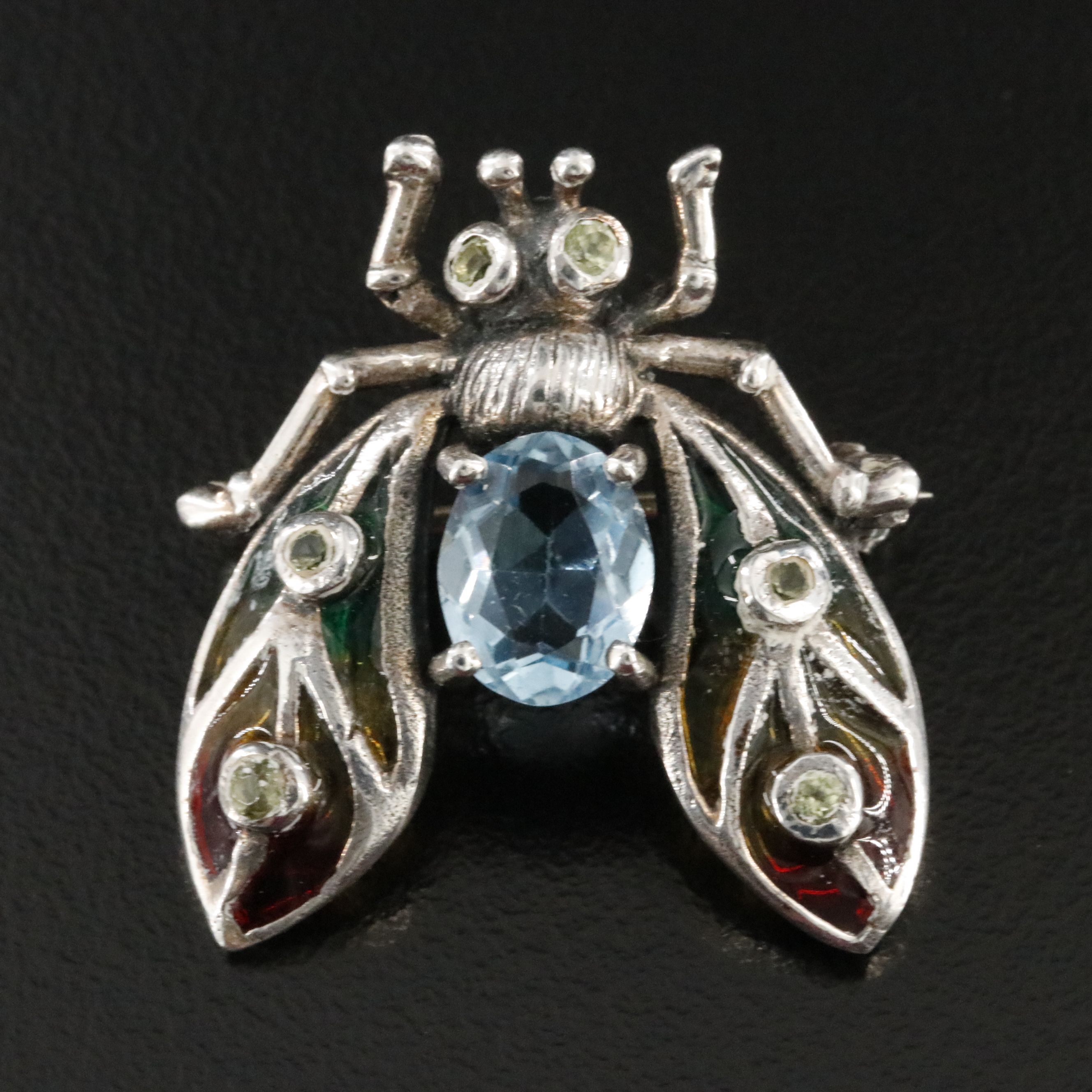 Sterling Swiss Blue Topaz, Peridot, and Enamel Insect Converter Brooch