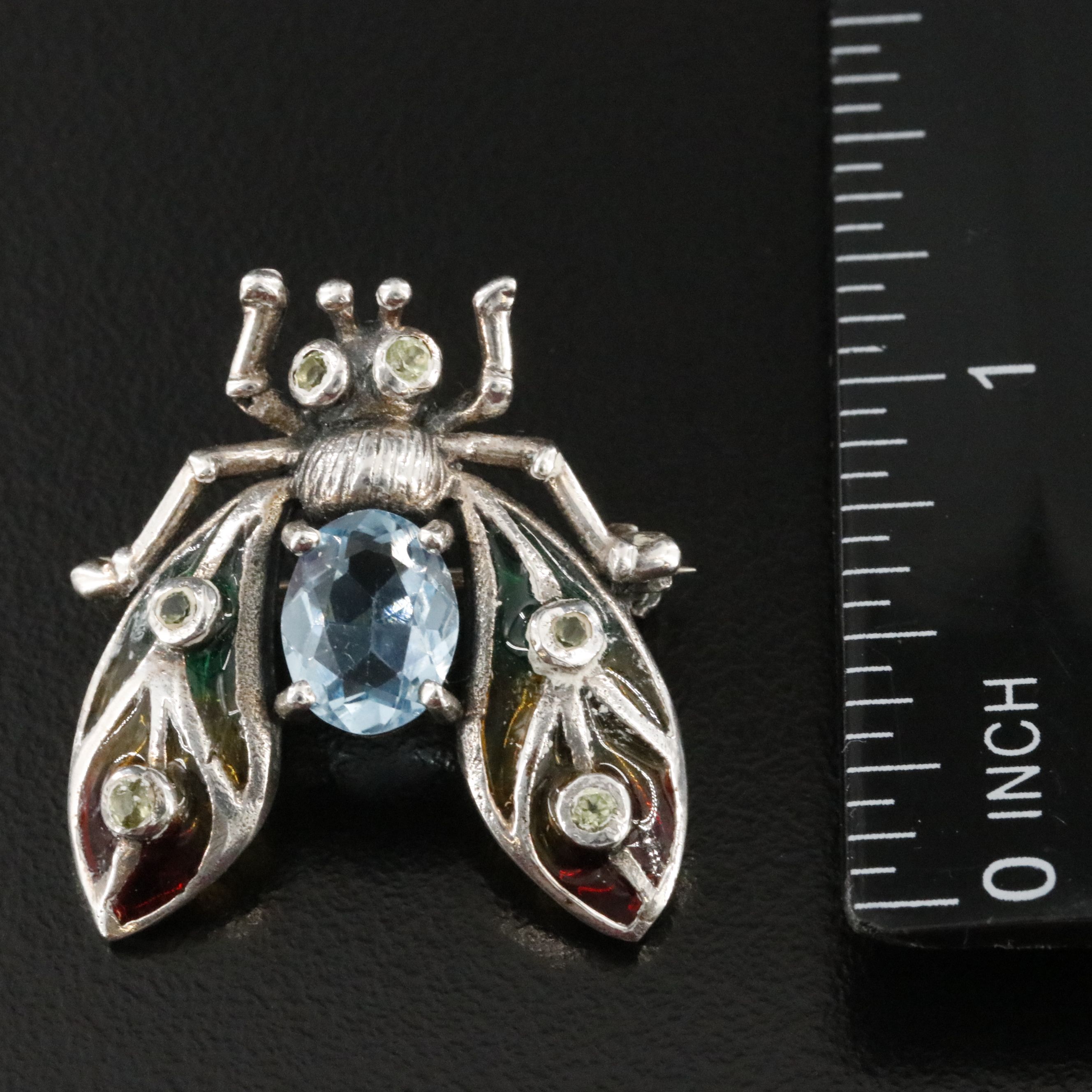 Sterling Swiss Blue Topaz, Peridot, and Enamel Insect Converter Brooch