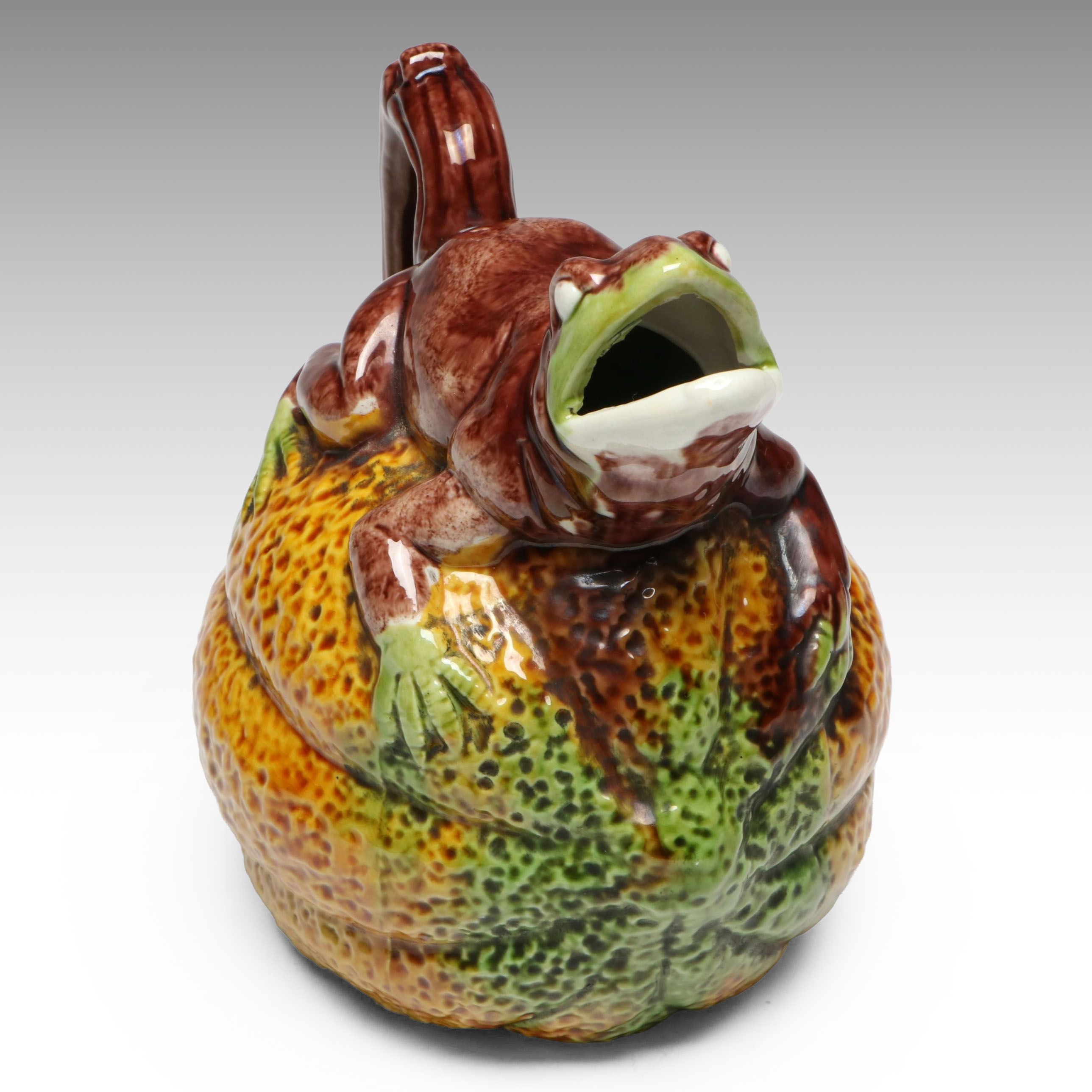 Majolica Frog on Melon Pitcher, Mid to Late 20th Century