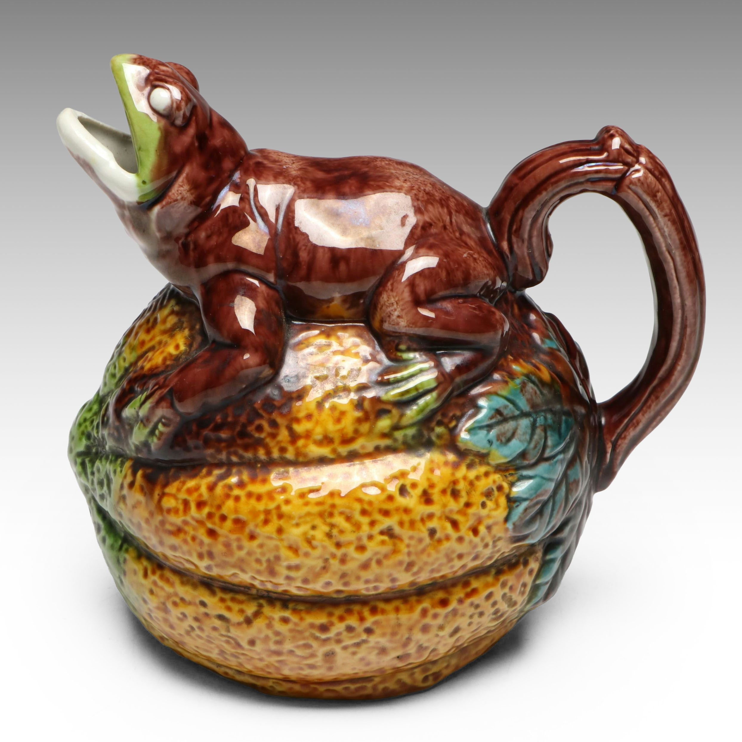 Majolica Frog on Melon Pitcher, Mid to Late 20th Century