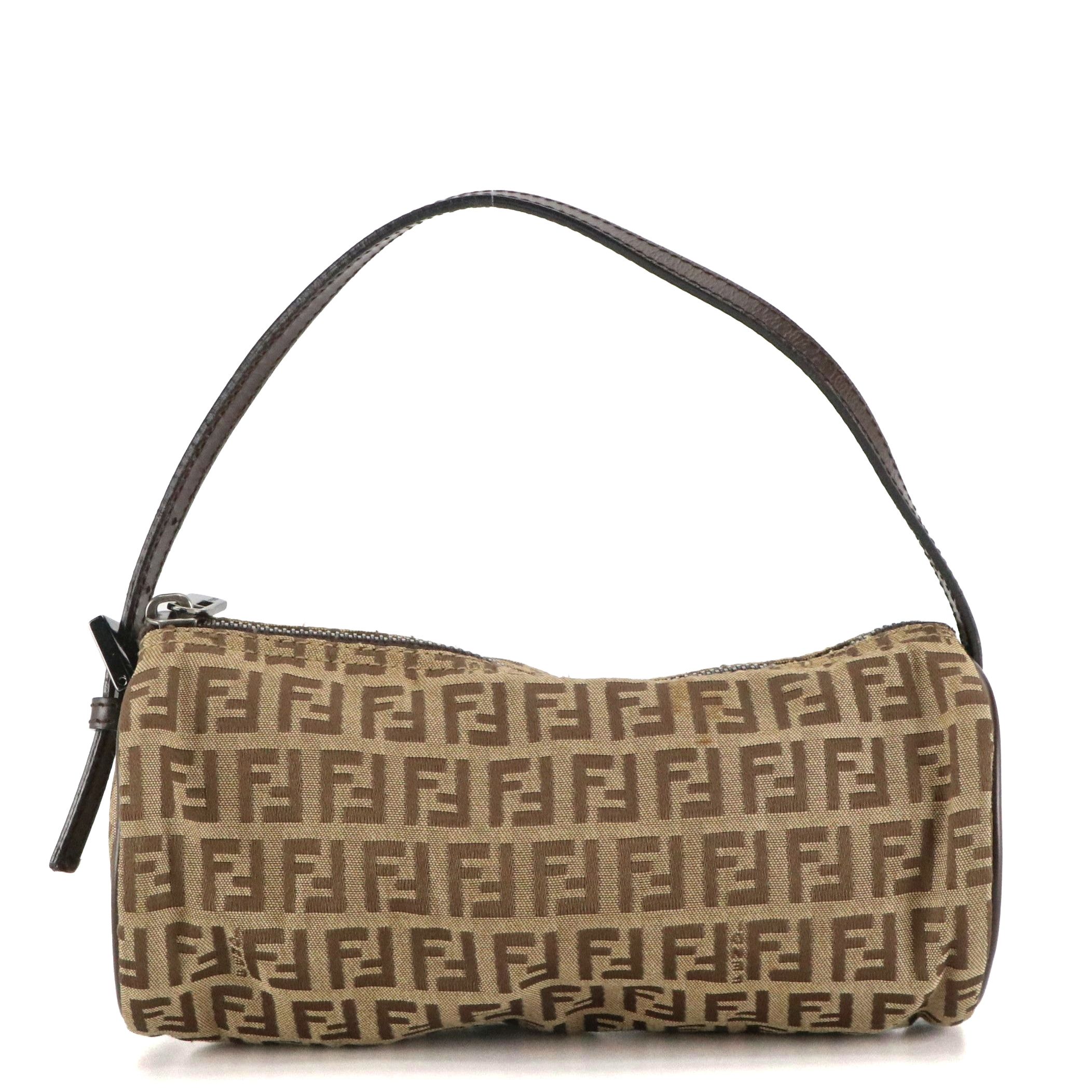 Fendi Zucchino Jacquard and Leather Small Barrel Pochette Bag