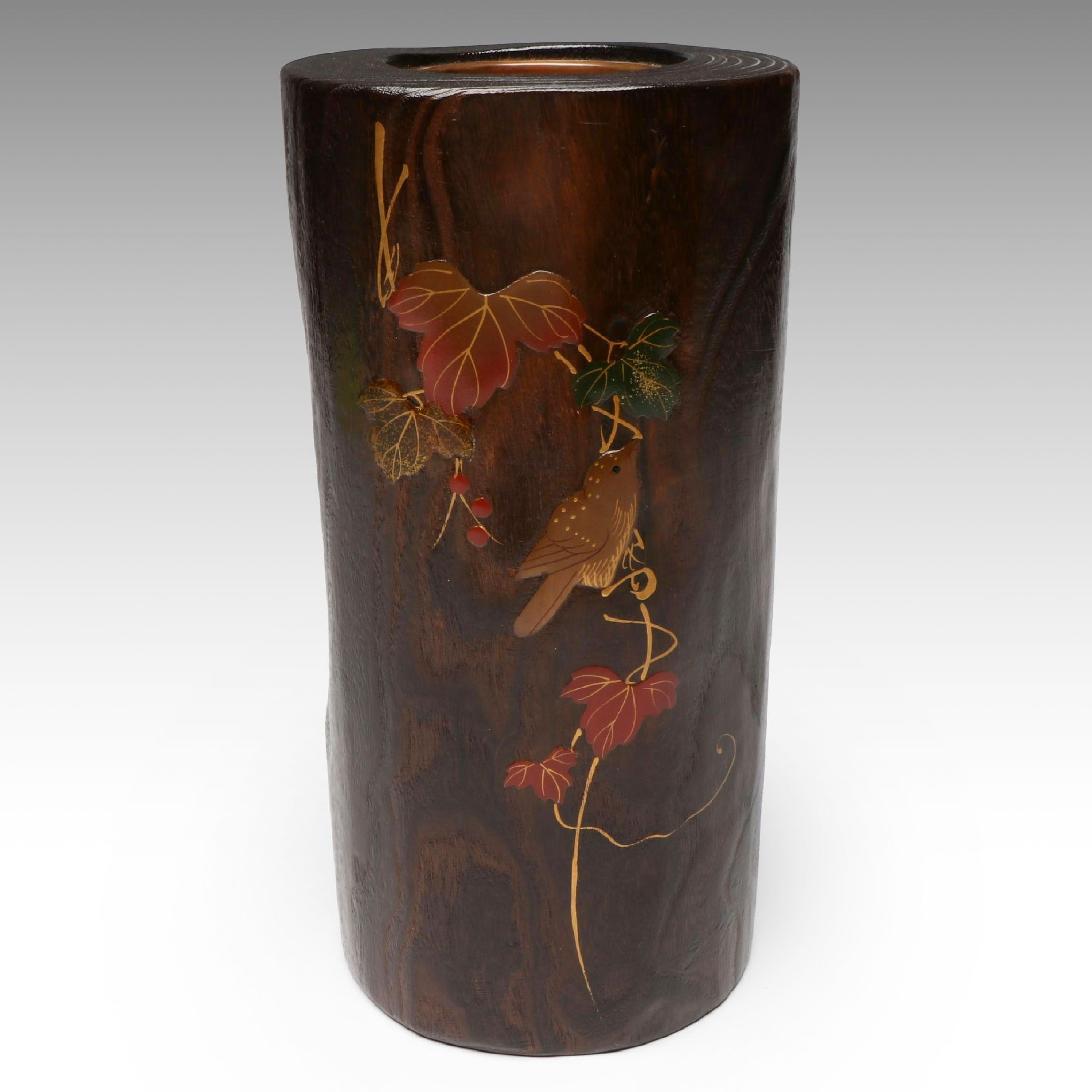 Japanese Paulownia Wood Vase with Copper Lining and Inlay