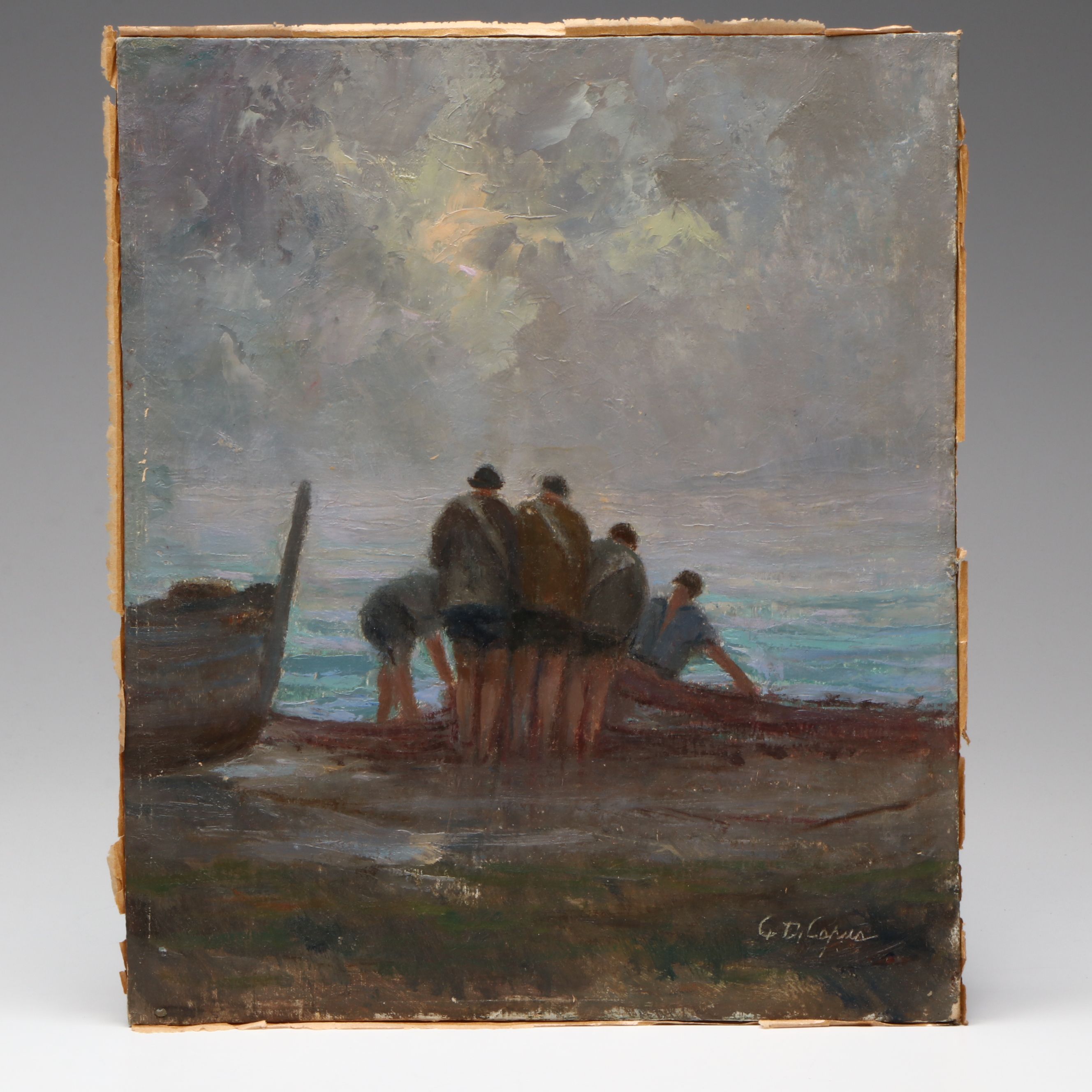 Antique Southern European Coastal Landscape Oil Painting