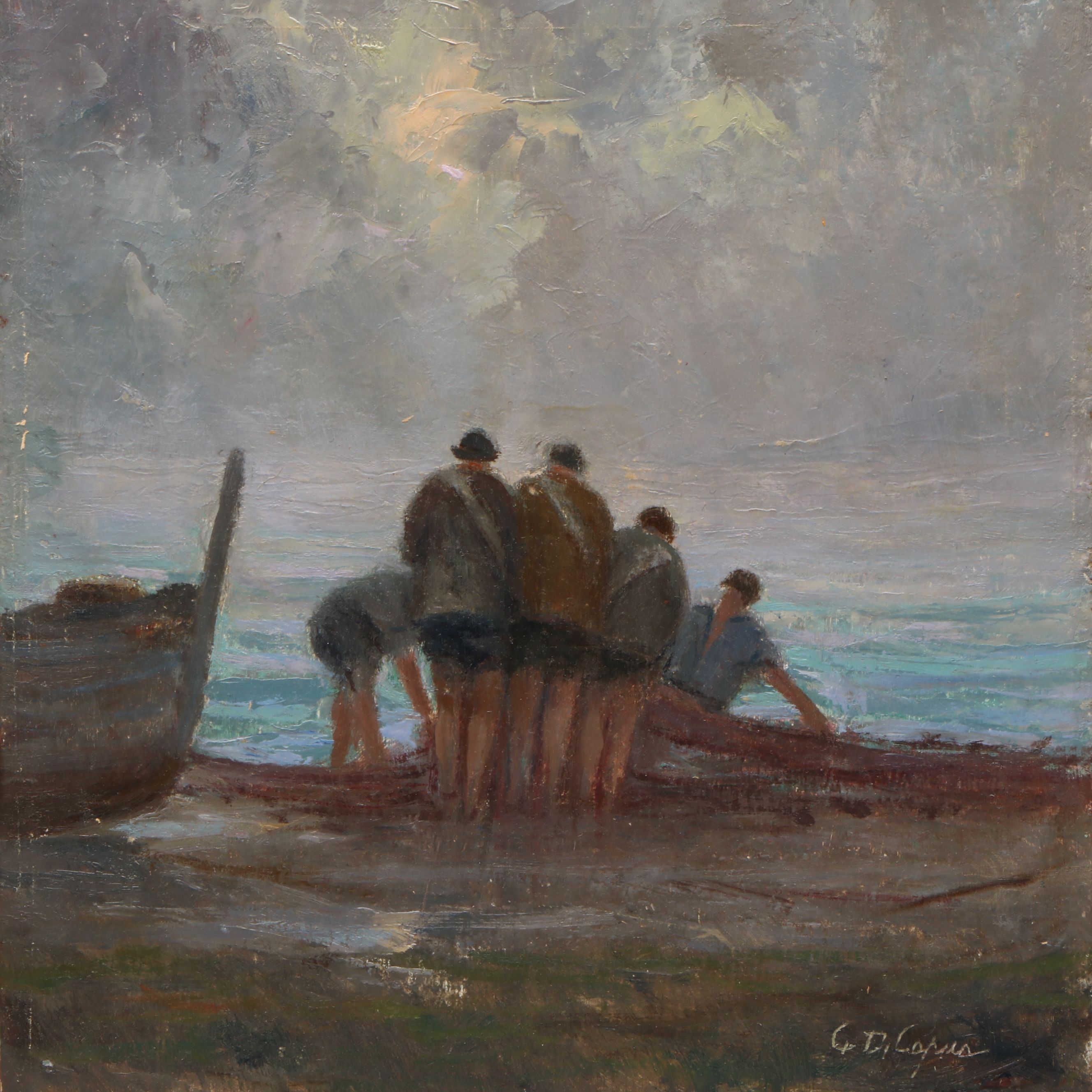 Antique Southern European Coastal Landscape Oil Painting