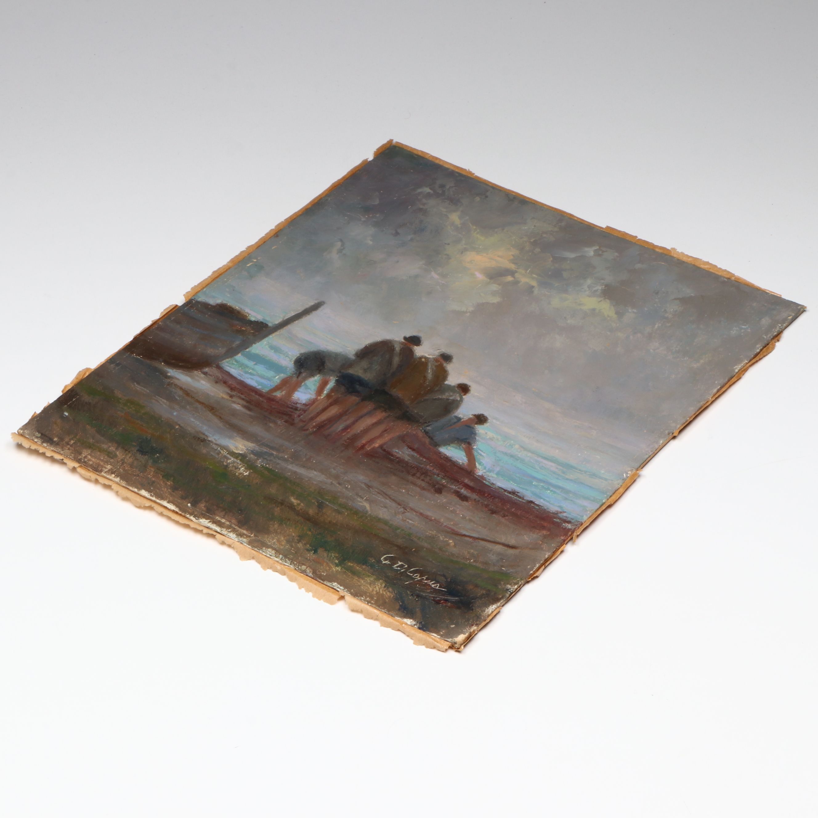 Antique Southern European Coastal Landscape Oil Painting