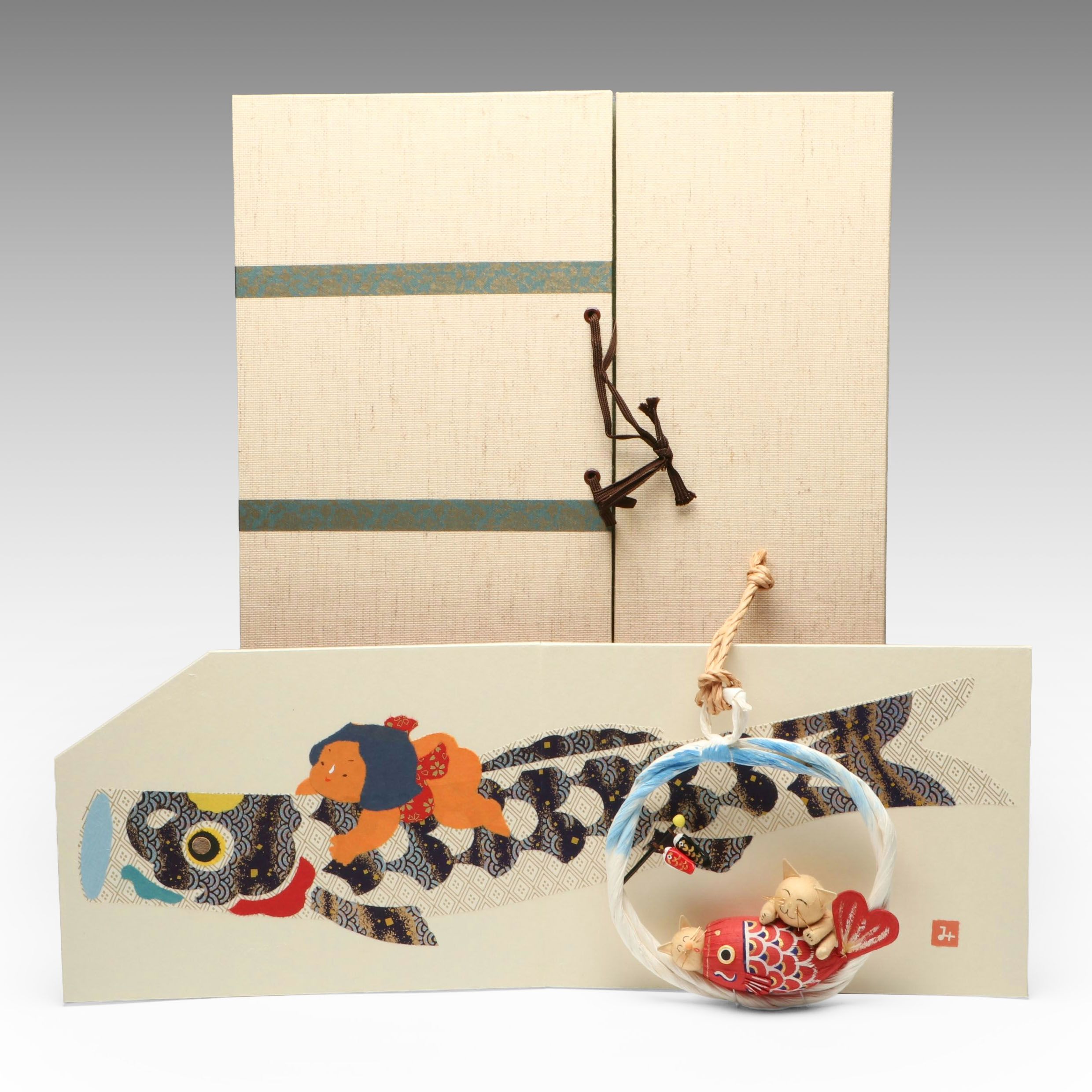 Japanese Koinobori Harie Paper Cutout Folding Board and Cat Wall Hanging