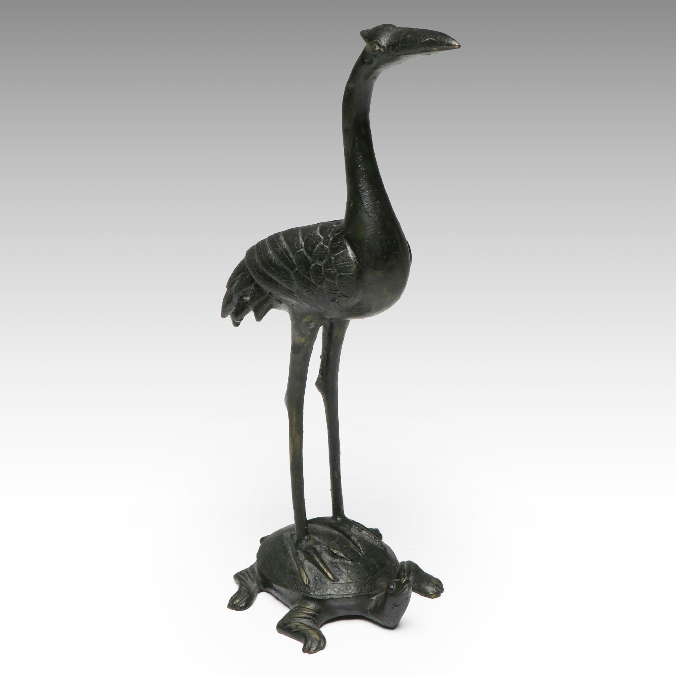 Patinated Bronze Okimono Crane Standing On Turtle Figurine