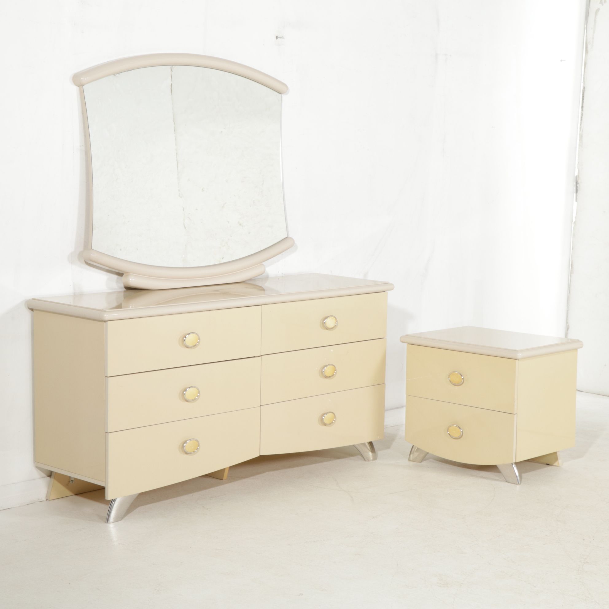 Italian Postmodernist Creamy Pearl Dresser with Mirror & Nightstand
