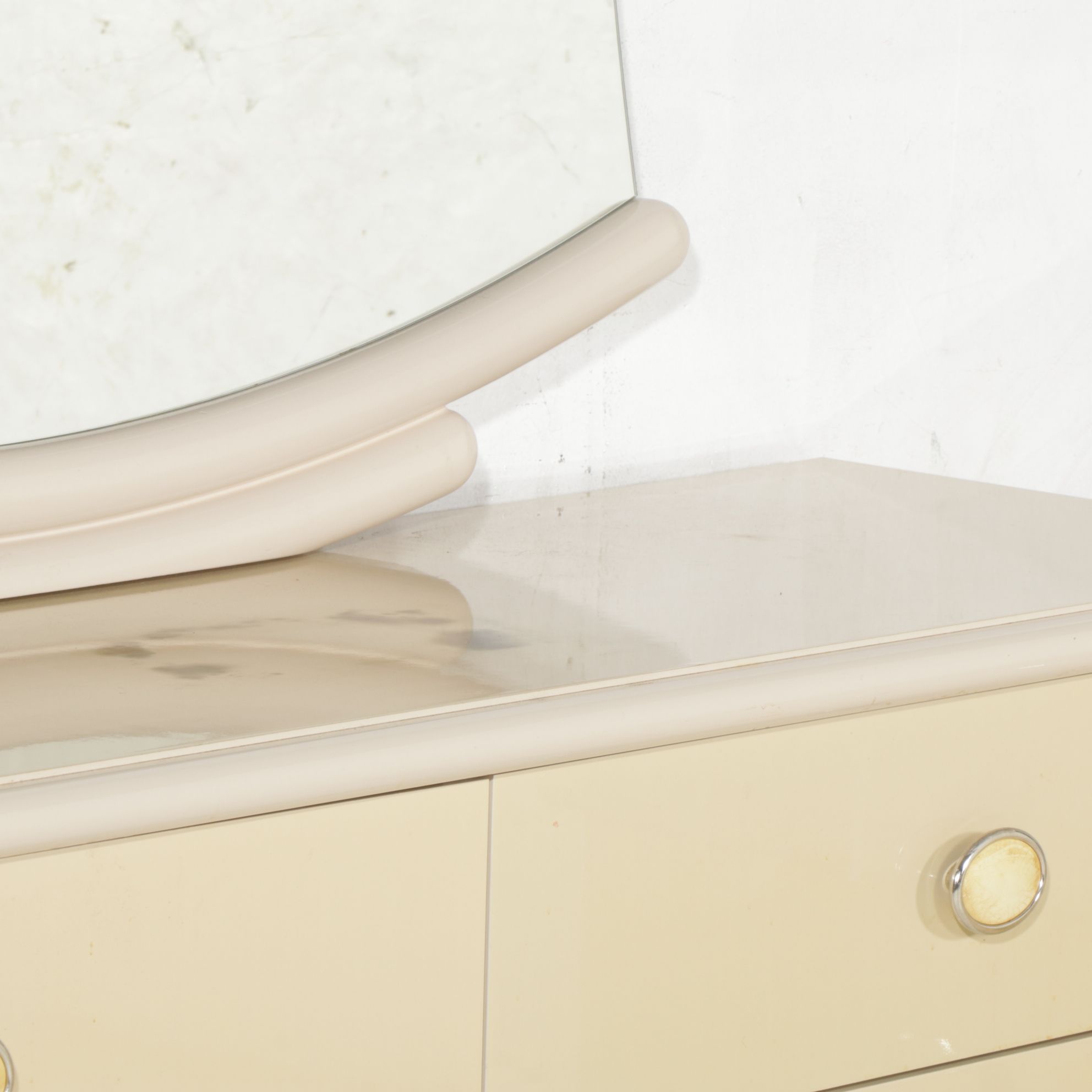 Italian Postmodernist Creamy Pearl Dresser with Mirror & Nightstand
