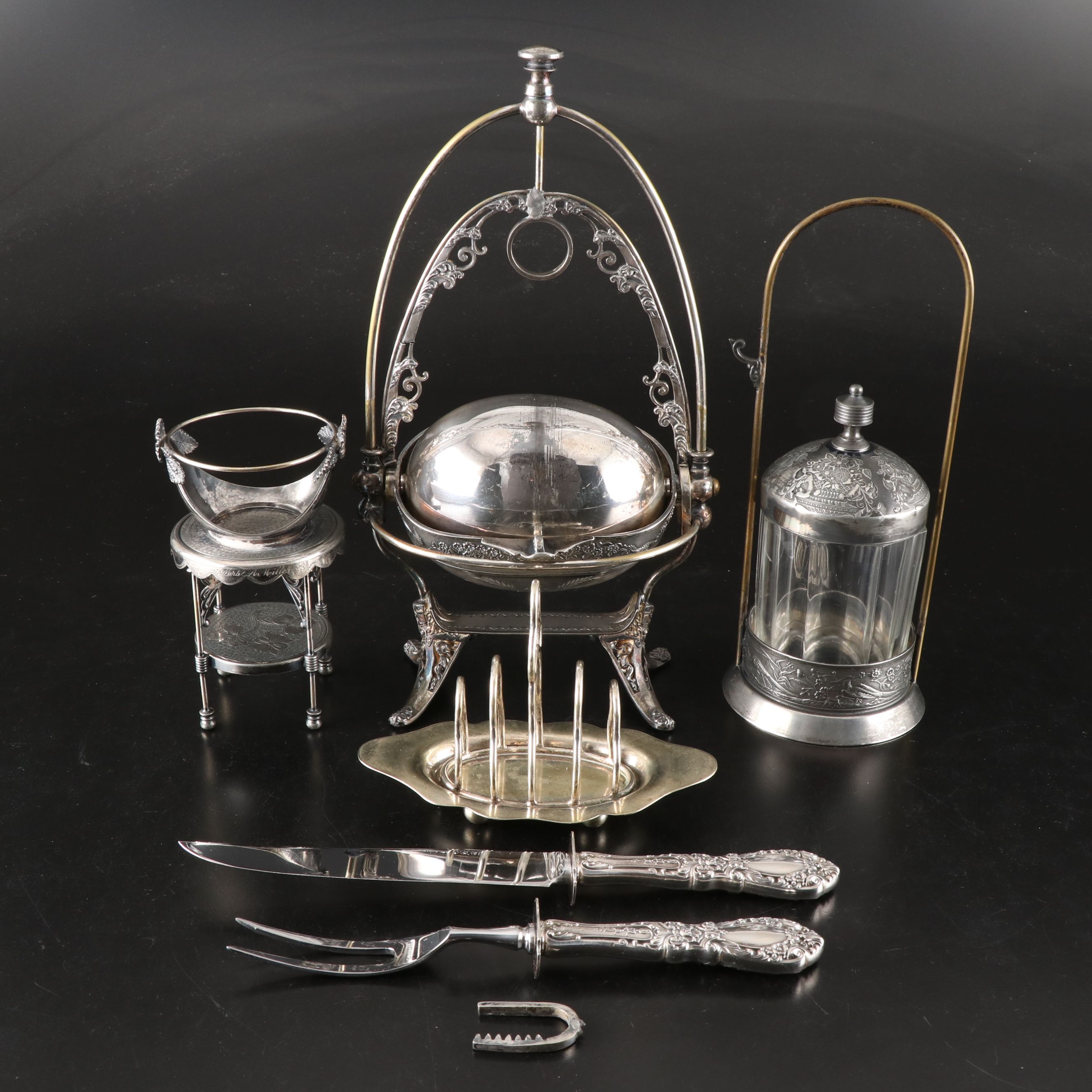 Sterling Handle Carving Set with Other Victorian Style Silver Plate Serveware