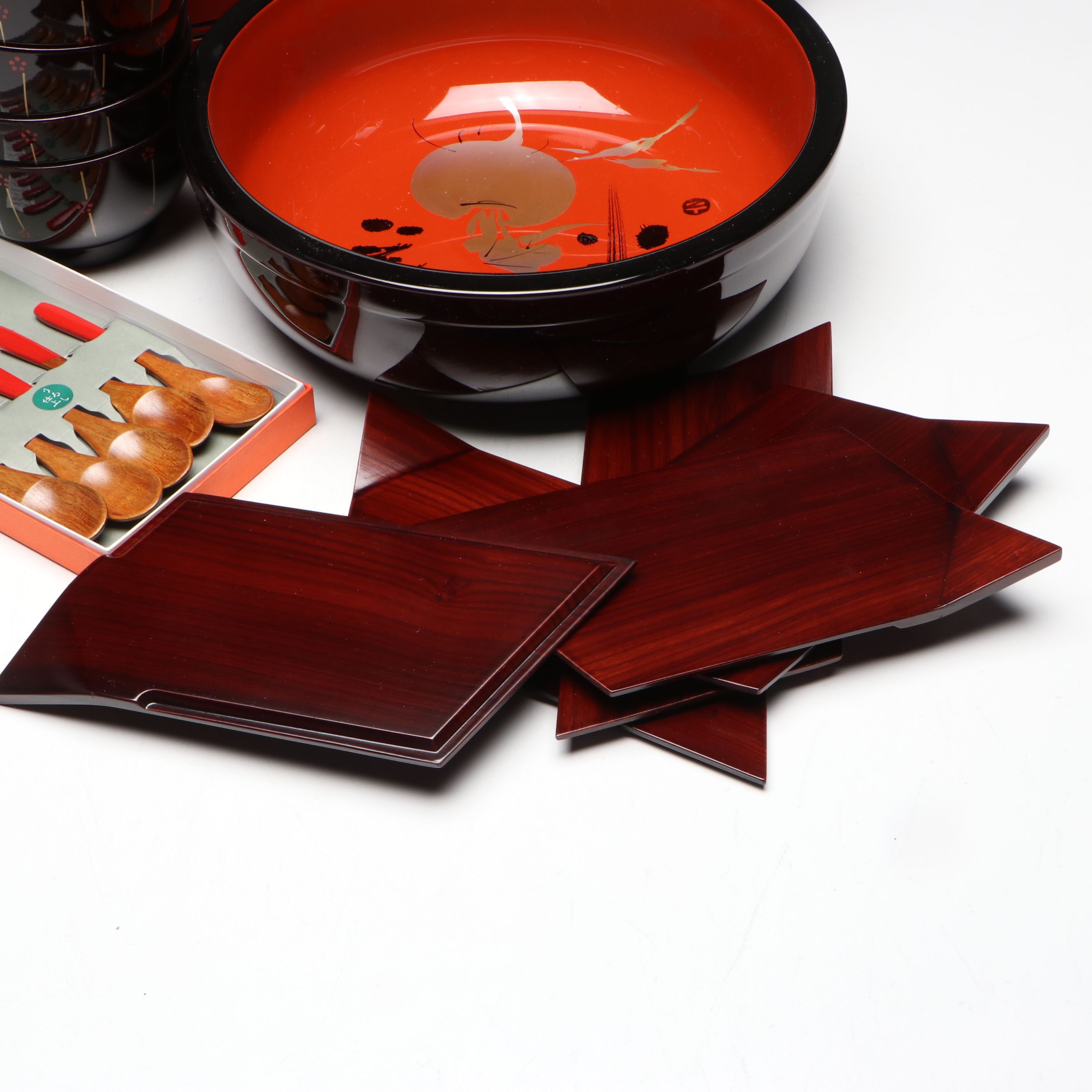 Japanese Lacquerware with Other Plates, Bowls and More, Mid to Late 20th Century