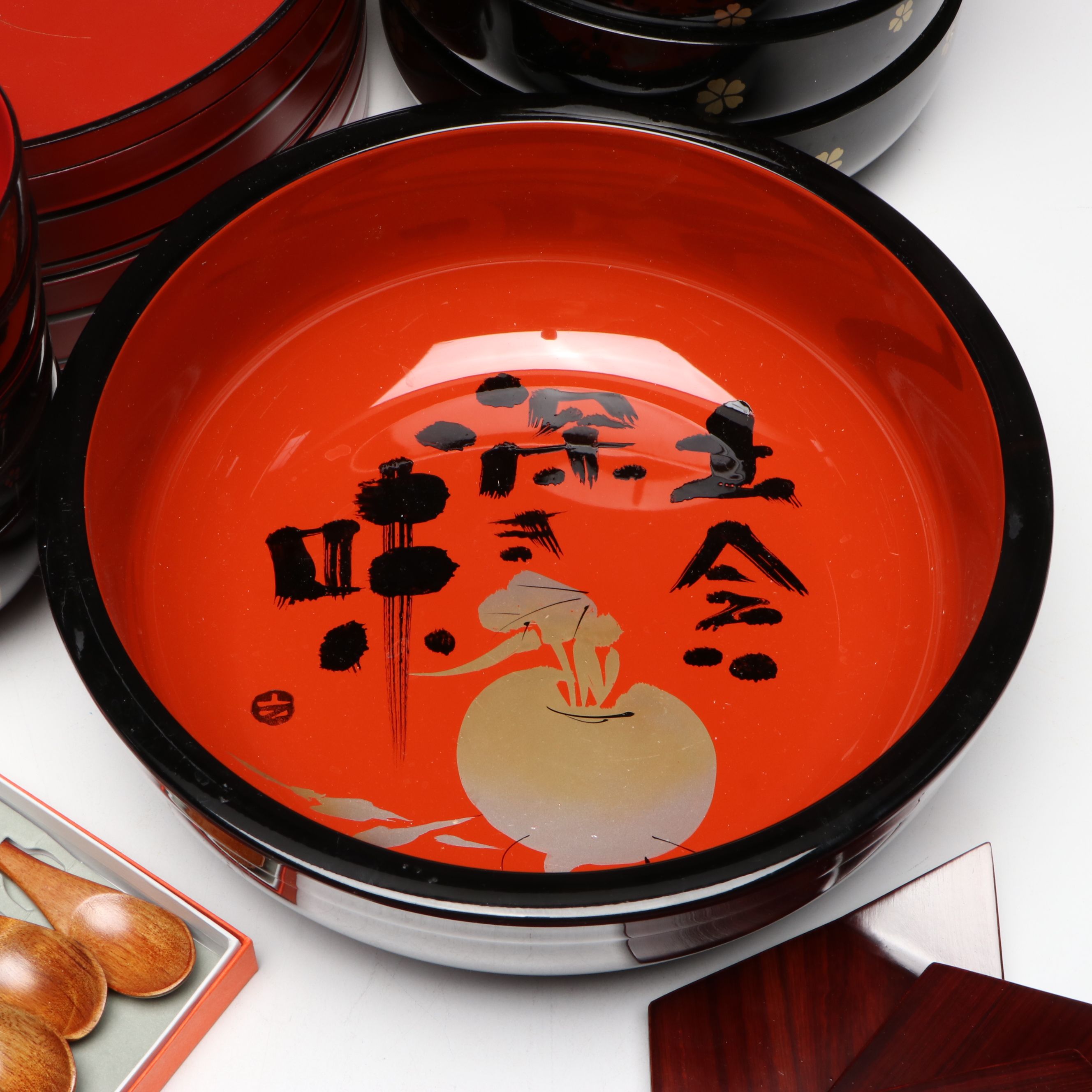 Japanese Lacquerware with Other Plates, Bowls and More, Mid to Late 20th Century