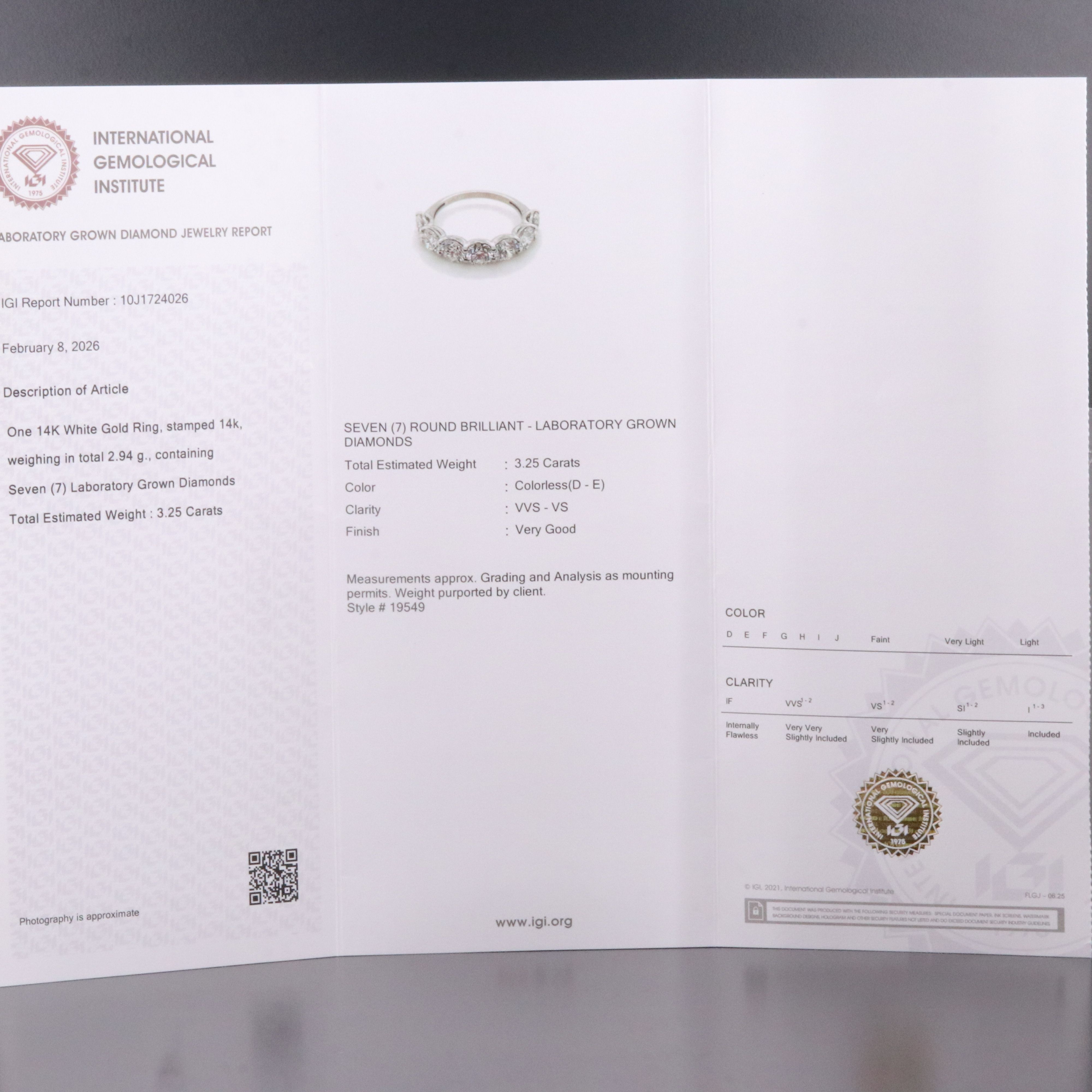 14K 3.25  CTW Lab Grown Diamond Ring with IGI Jewelry Report