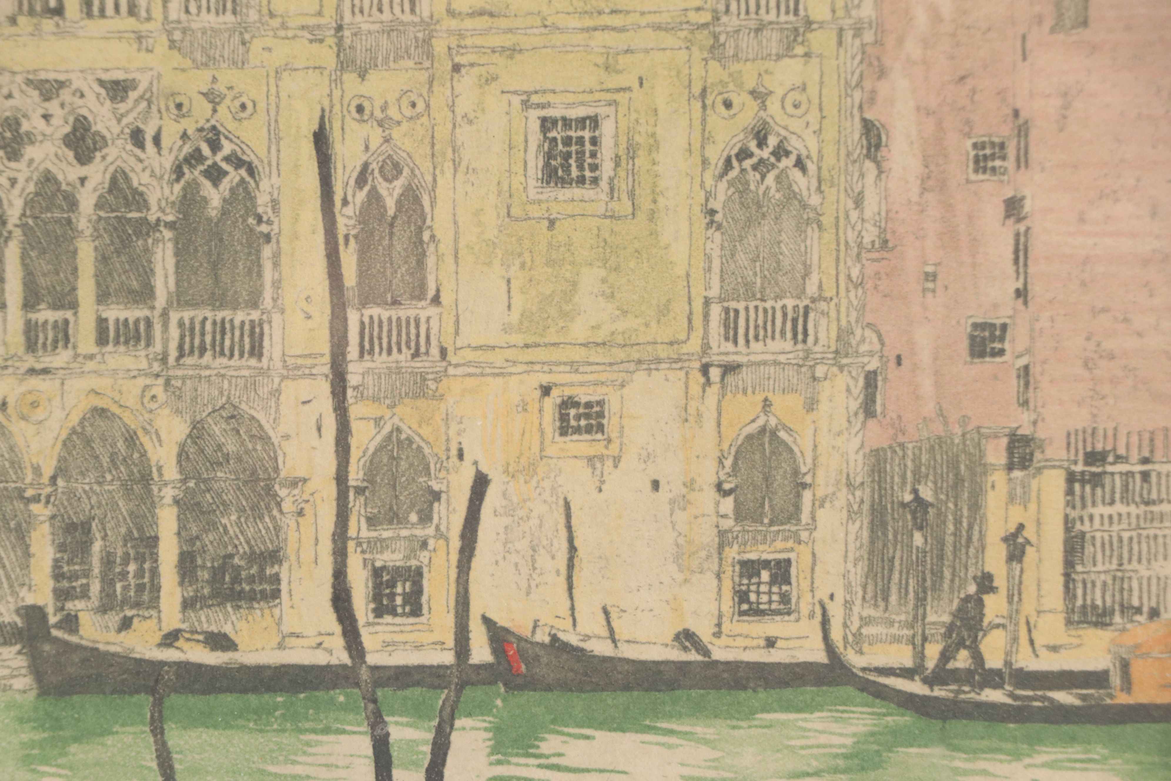 Hans Figura Aquatint Etching of Venice Canal, Circa 1930