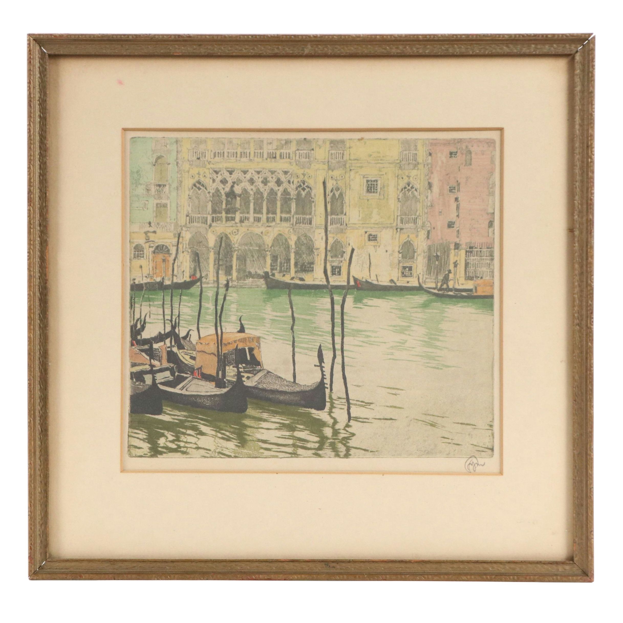Hans Figura Aquatint Etching of Venice Canal, Circa 1930