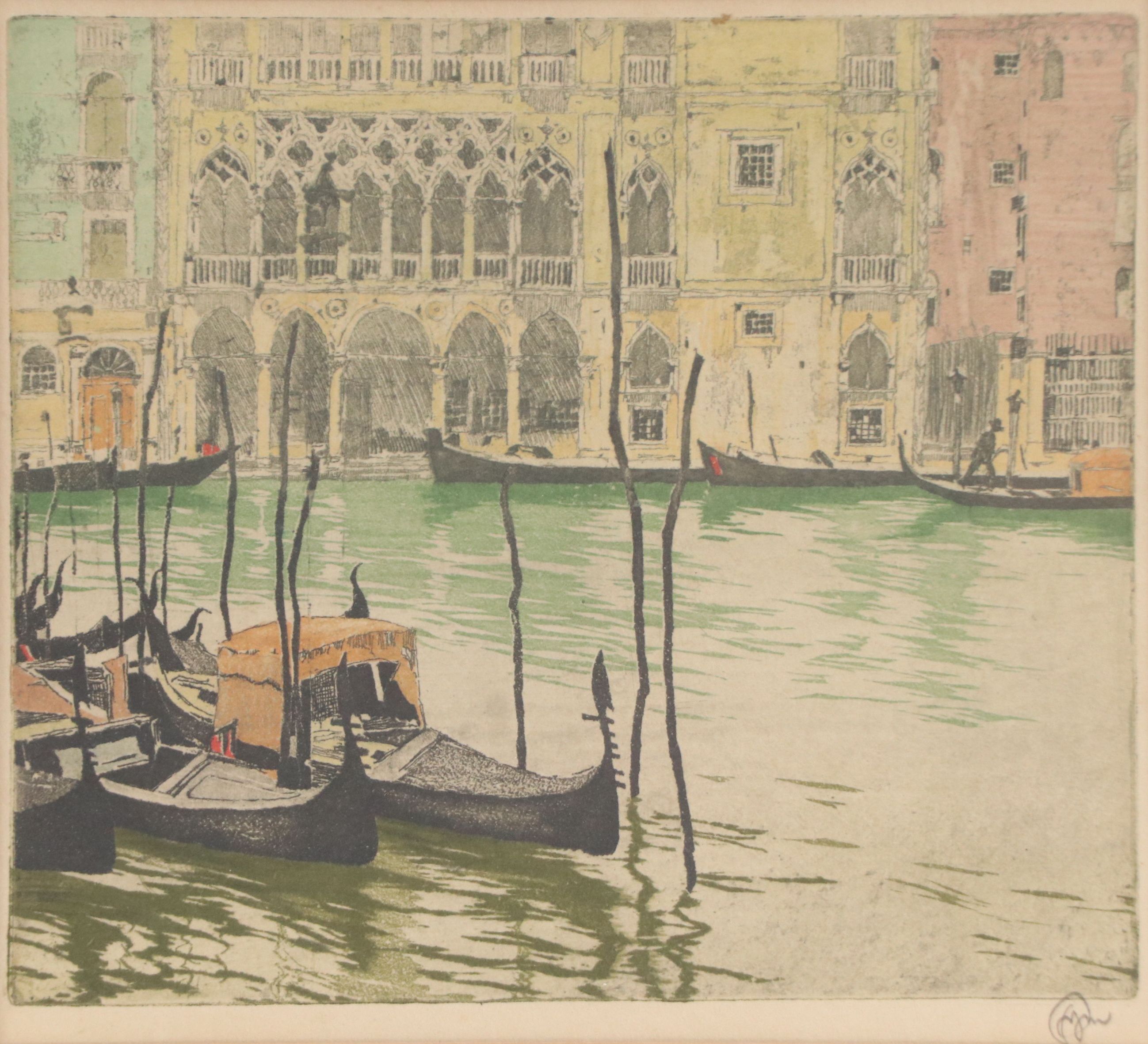Hans Figura Aquatint Etching of Venice Canal, Circa 1930