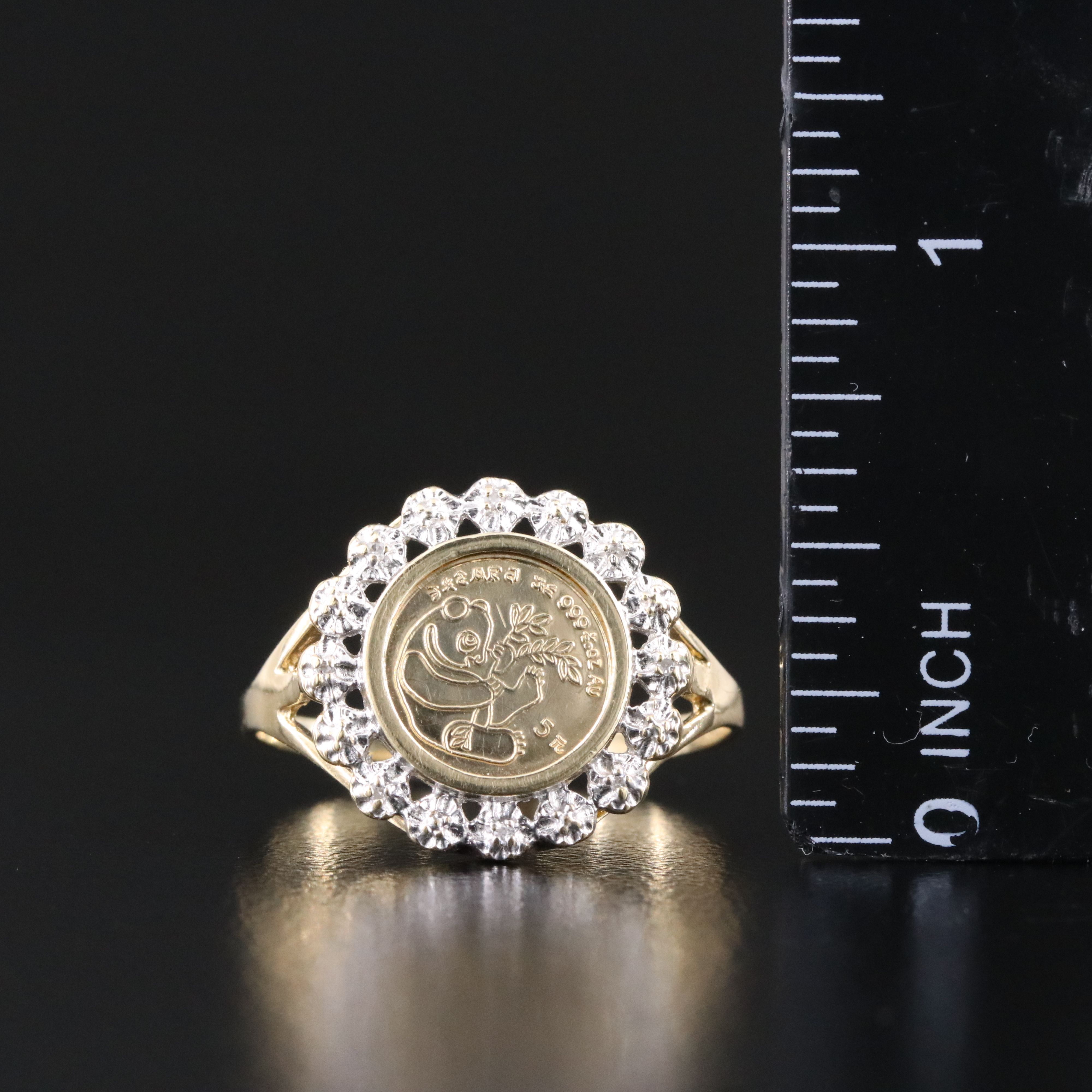10K 0.02 CTW Diamond Chinese Panda Replica 5 Yuan Coin Ring