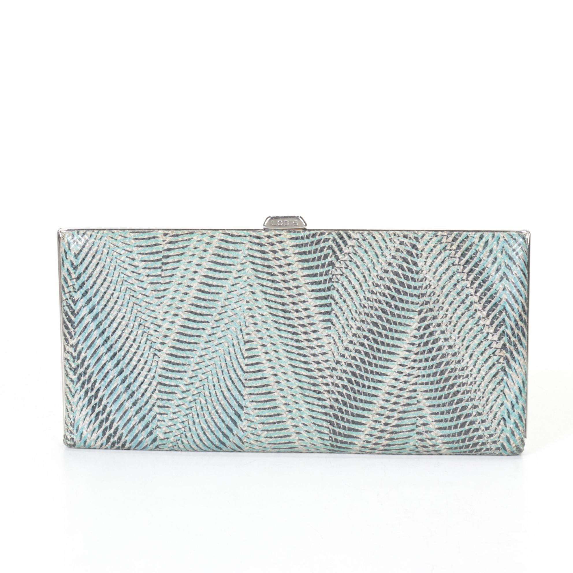 Lodis Teal Abstract Chevron Leather Clutch