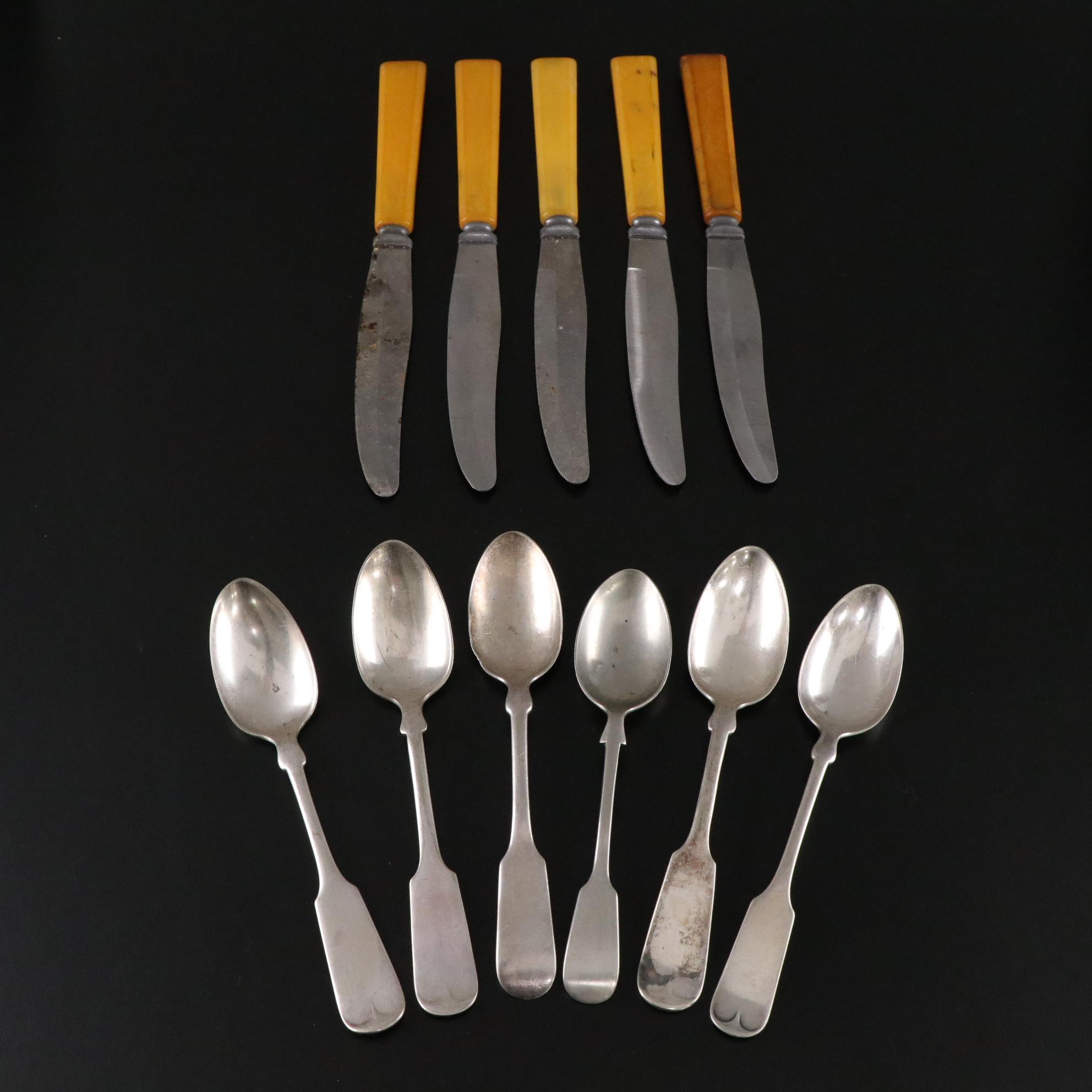 Bakelite Handled Dinner Knives & Fiddleback Spoons