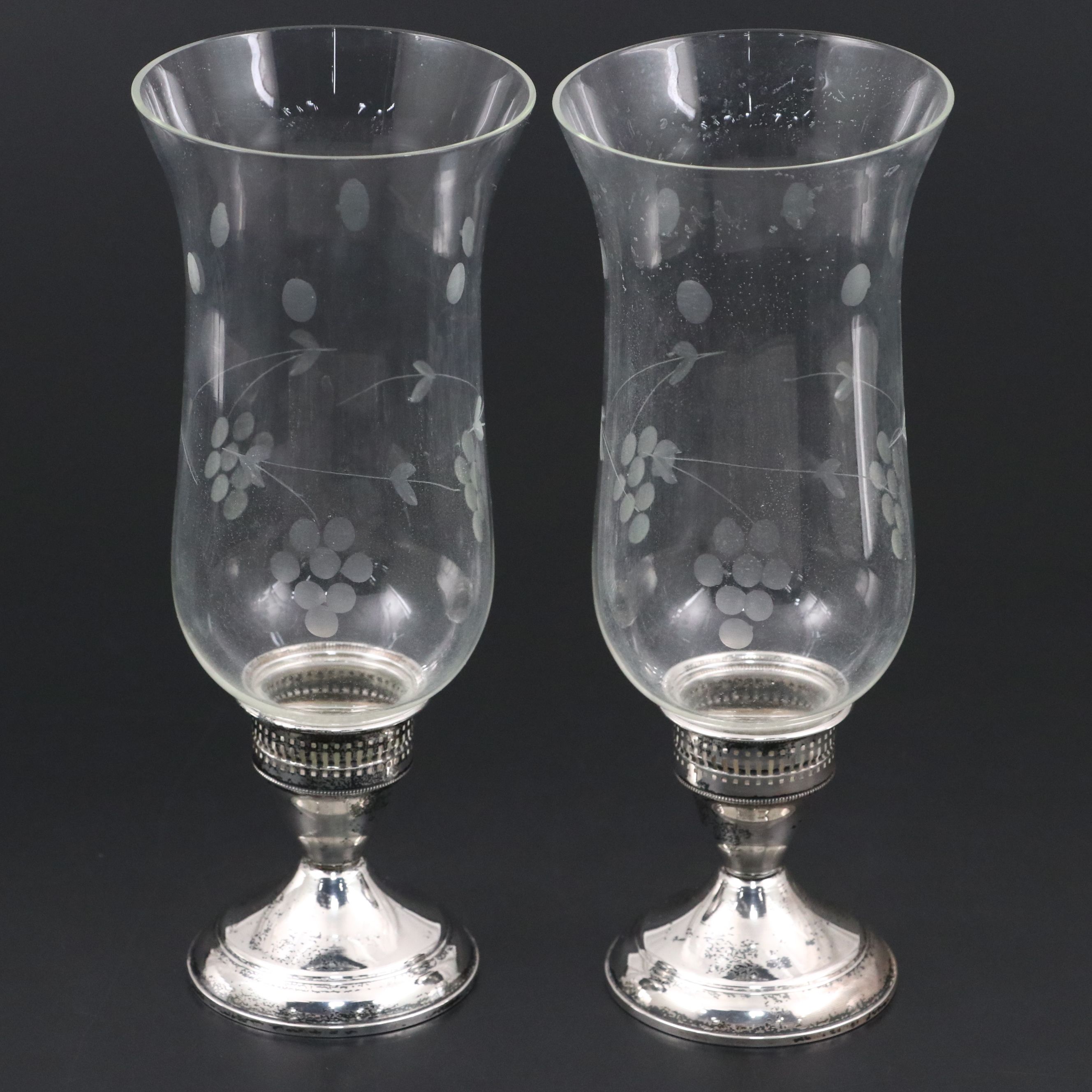 Vintage Duchin Creation Sterling Silver and Etched Glass Hurricanes, Mid-20th C.