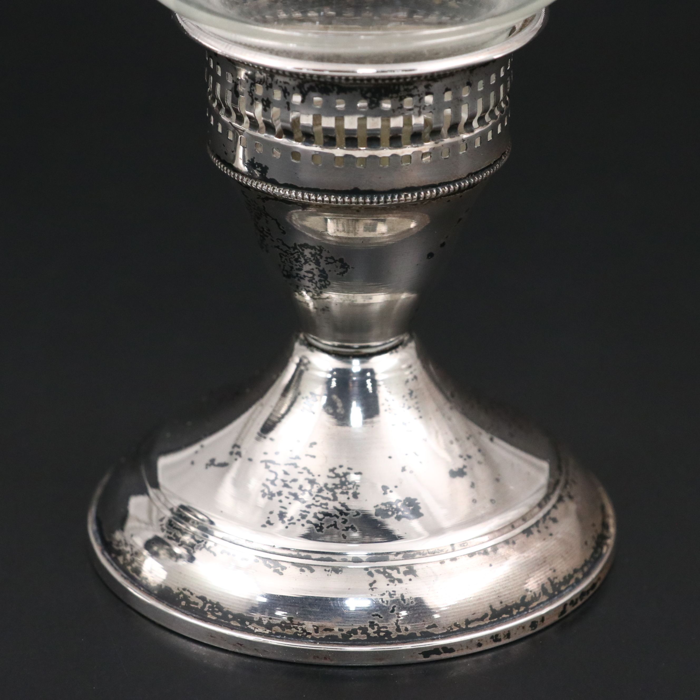 Vintage Duchin Creation Sterling Silver and Etched Glass Hurricanes, Mid-20th C.