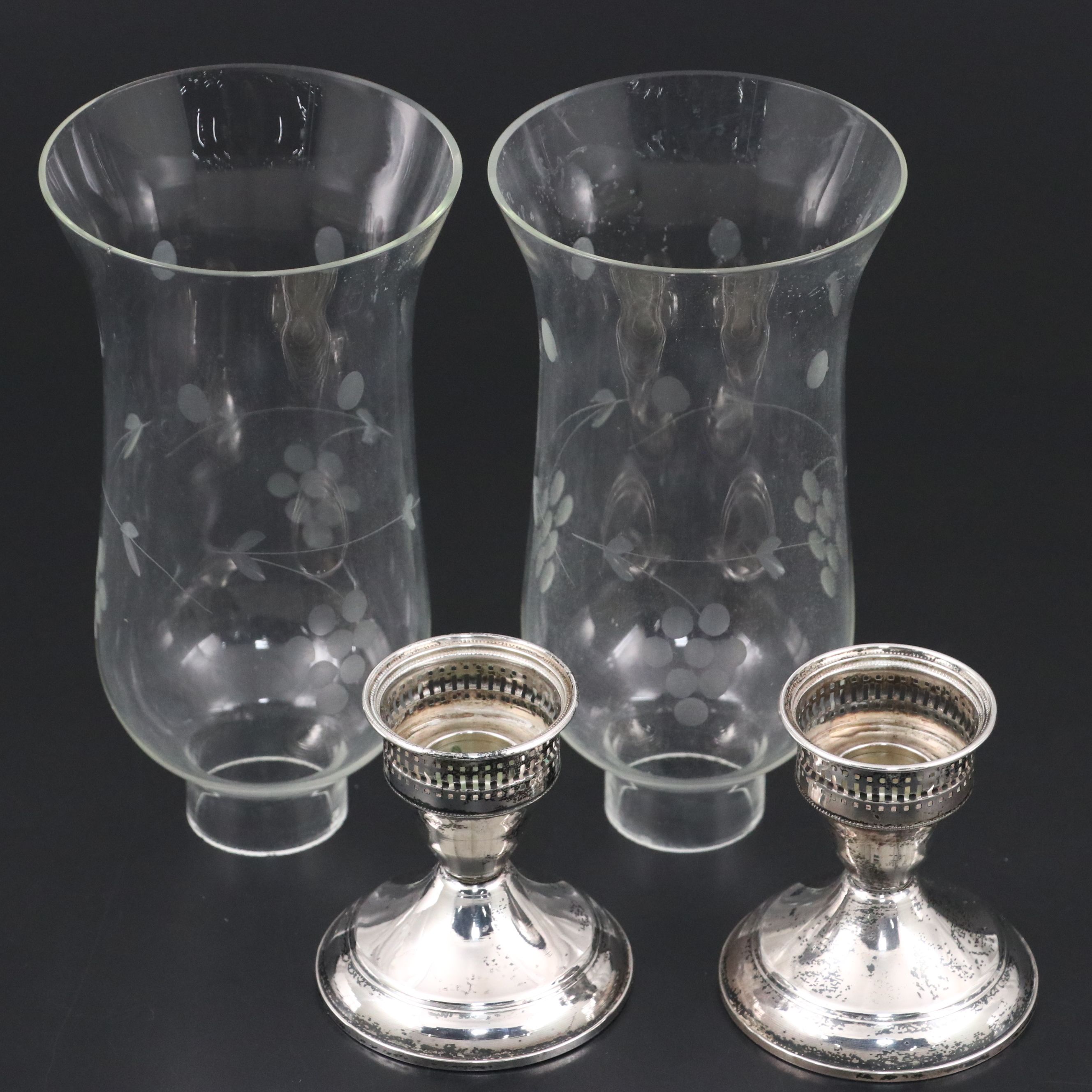 Vintage Duchin Creation Sterling Silver and Etched Glass Hurricanes, Mid-20th C.