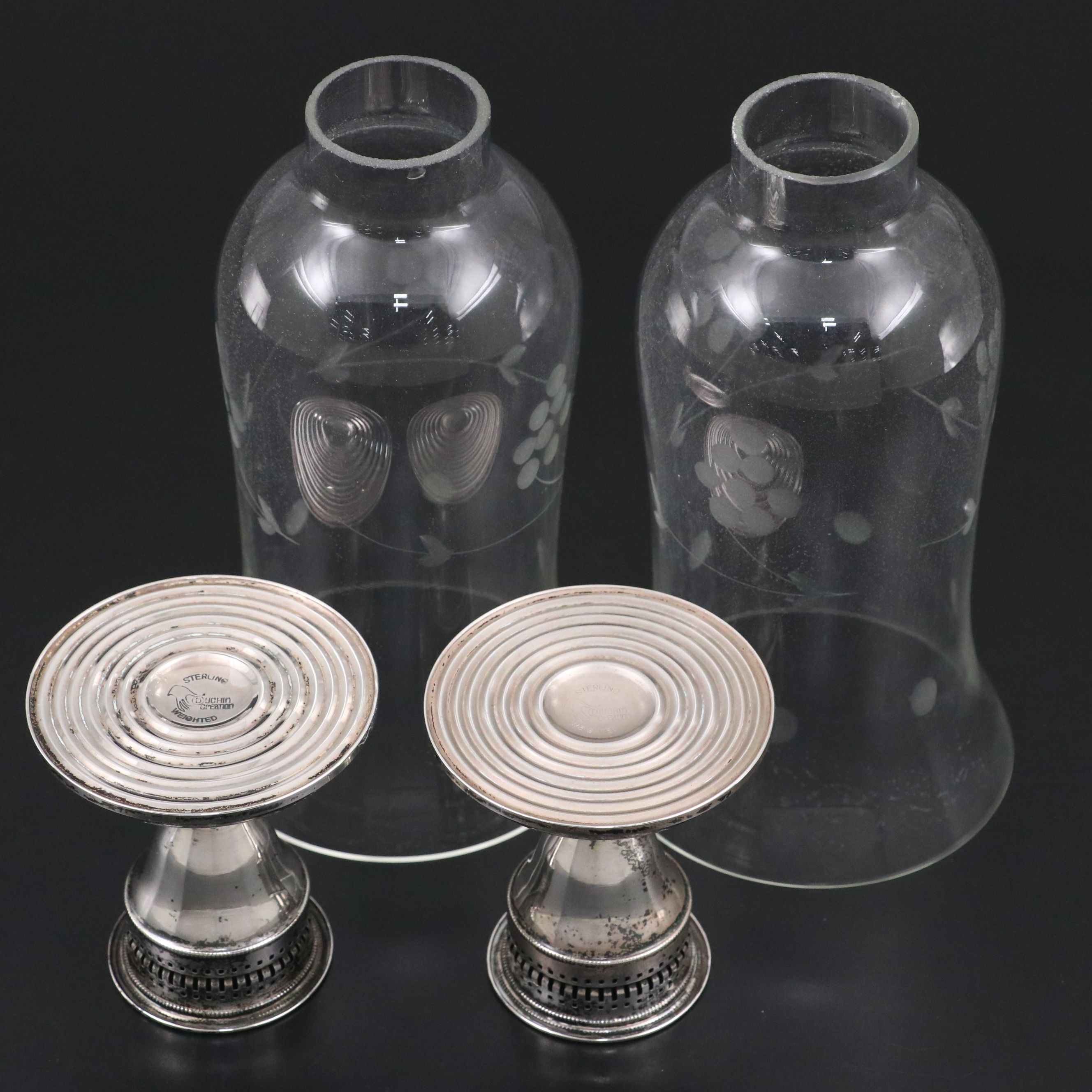 Vintage Duchin Creation Sterling Silver and Etched Glass Hurricanes, Mid-20th C.
