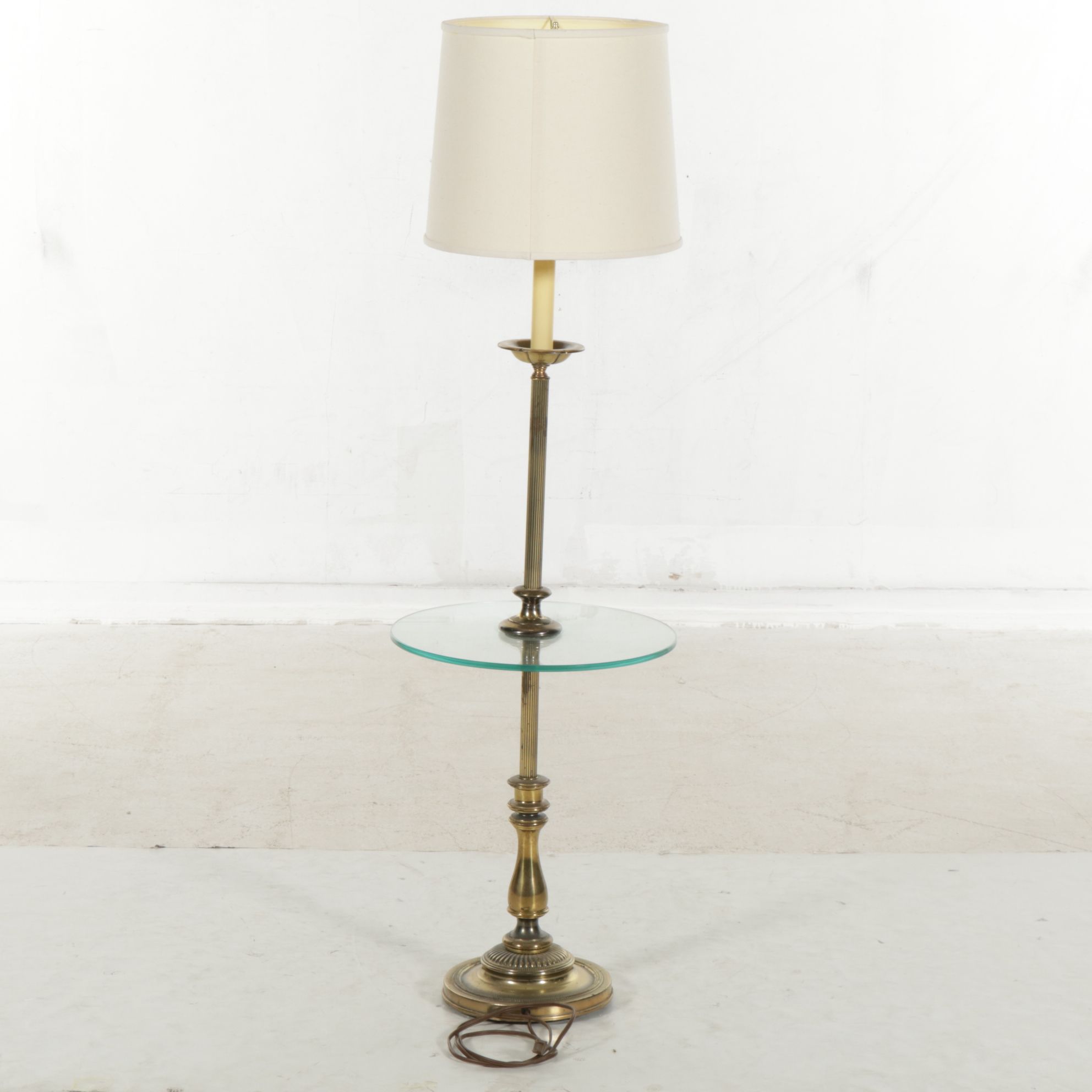 Brass Candlestick Floor Lamp with Integrated Glass Table Top