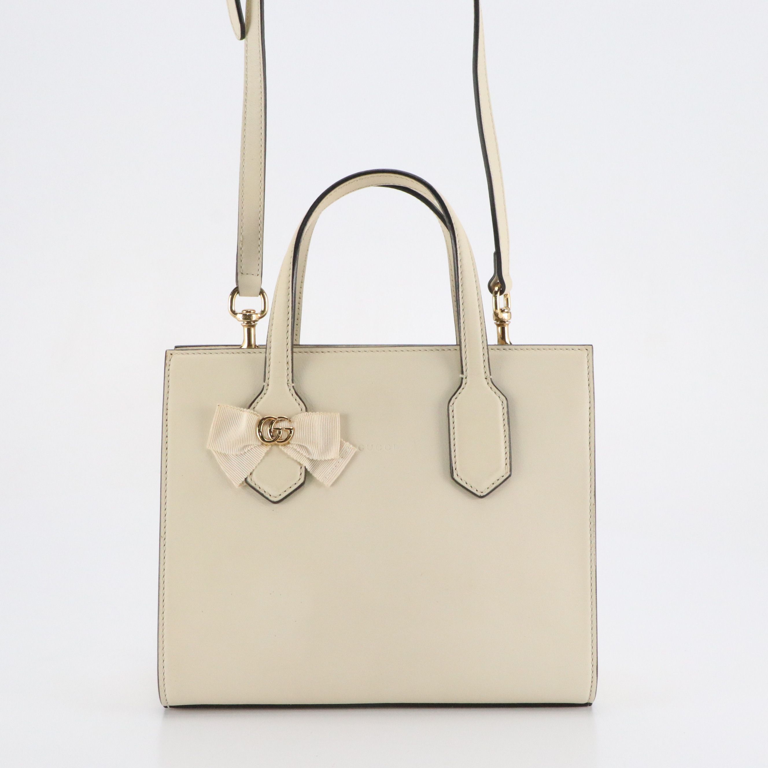 Gucci Ribbon Bow Small Two-Way Tote in White Leather