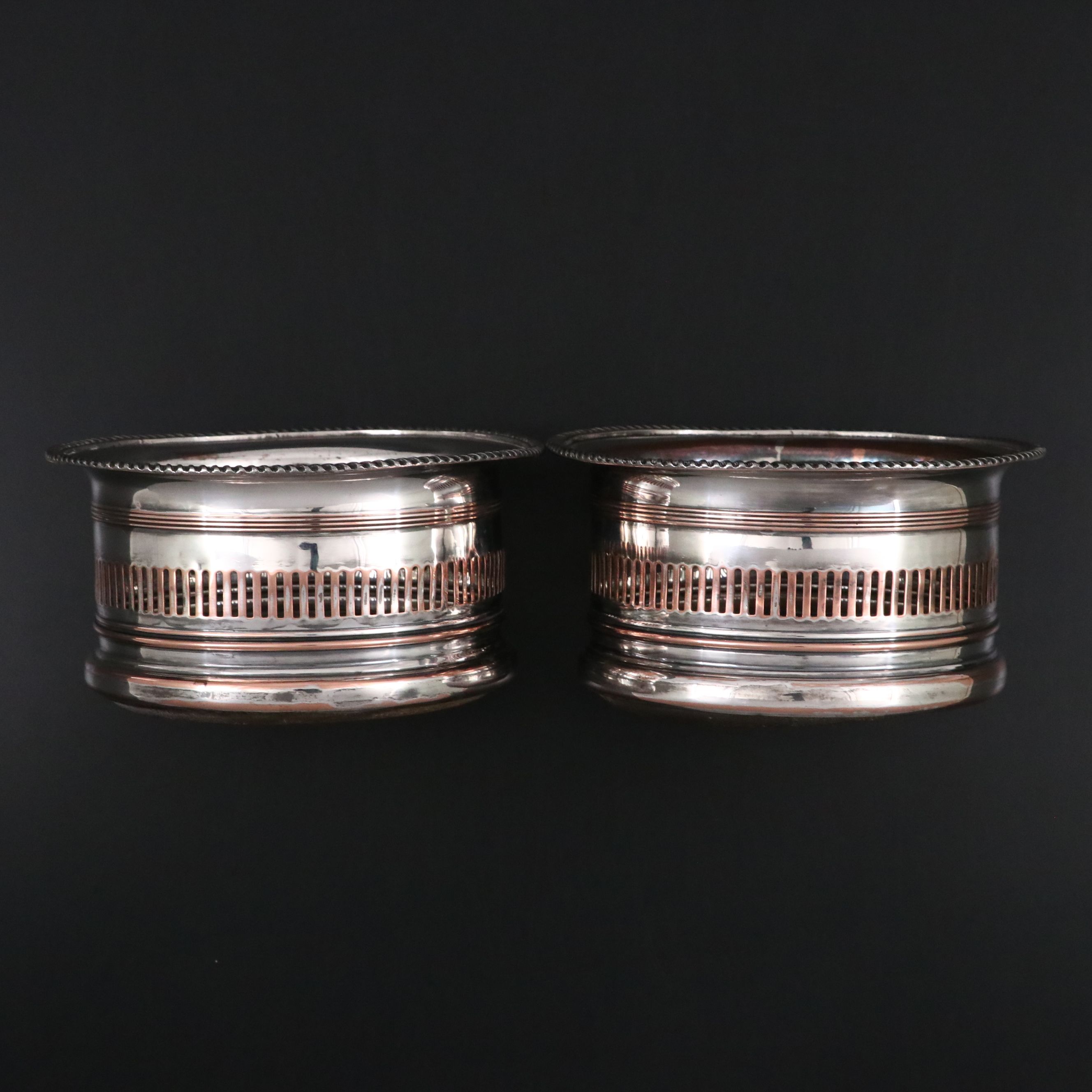 Antique English Silver Plated Wine Bottle Coasters, Early 20th Century