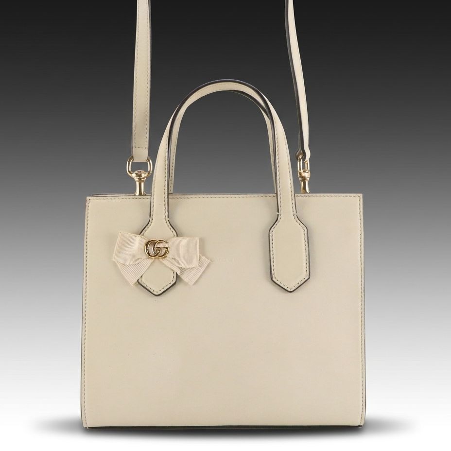 Gucci Ribbon Bow Small Two-Way Tote in White Leather