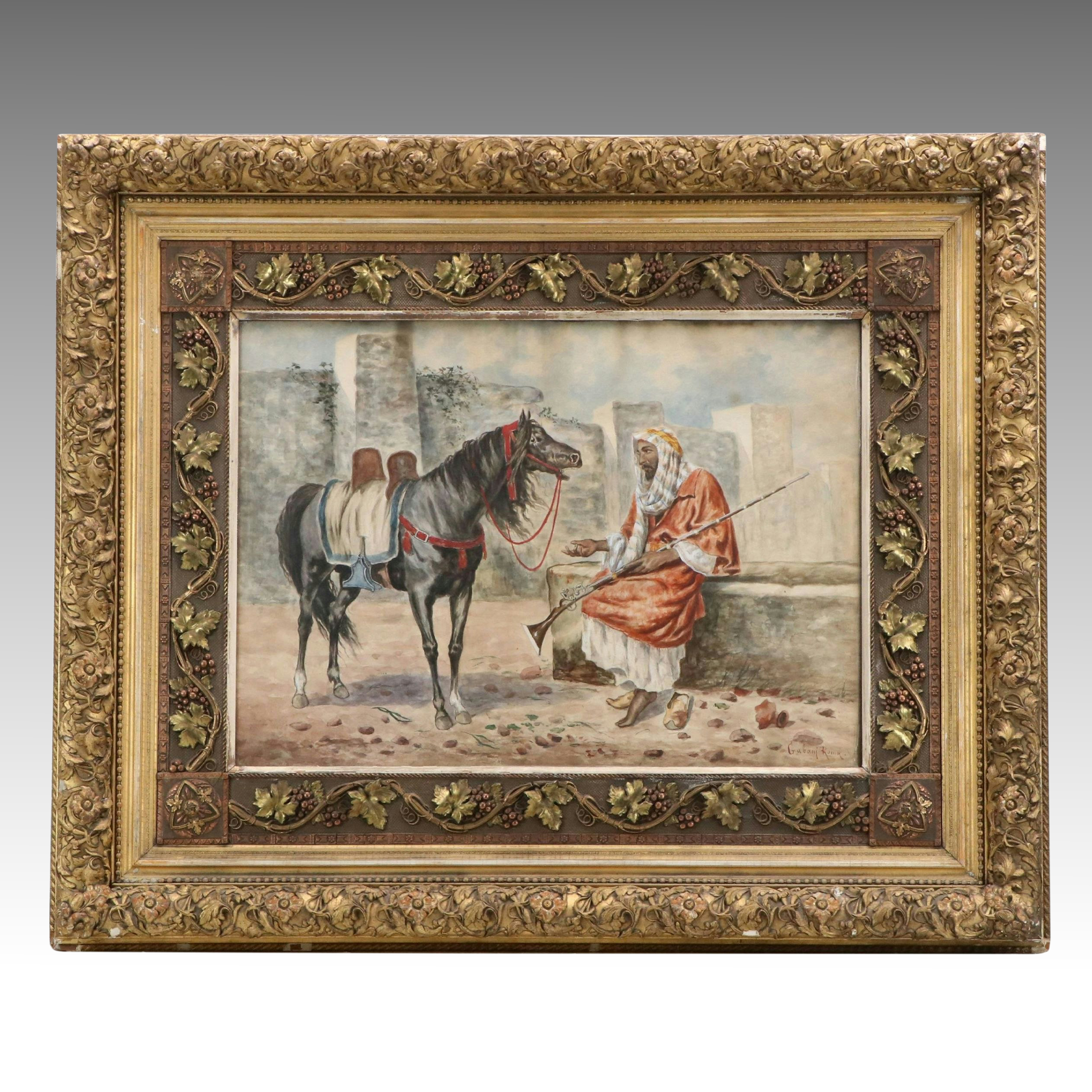 Giuseppe Gabani Orientalist Style Equine Watercolor Painting, 19th Century