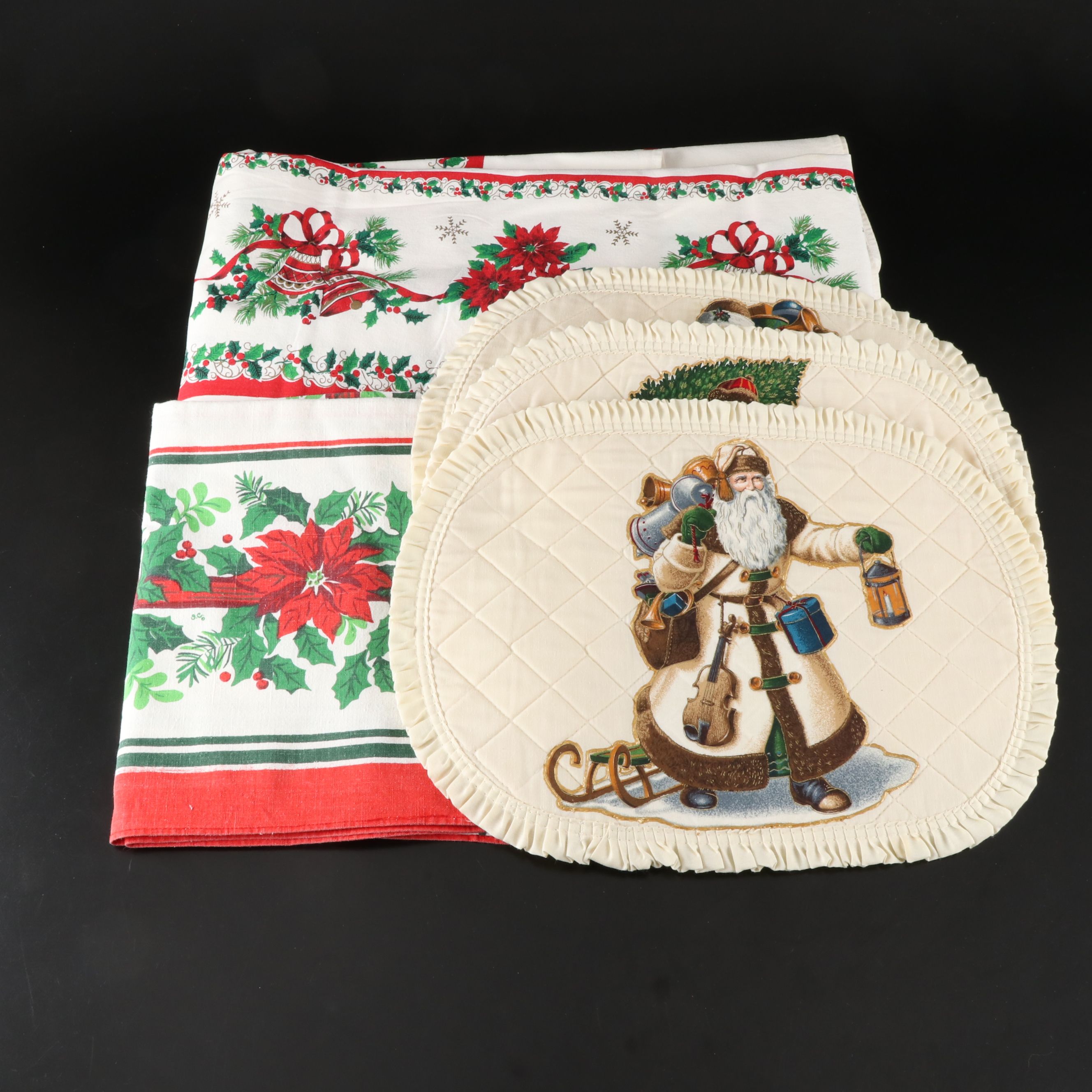 Father Christmas Ruffle Trim Placements with Poinsettia Tablecloth and More