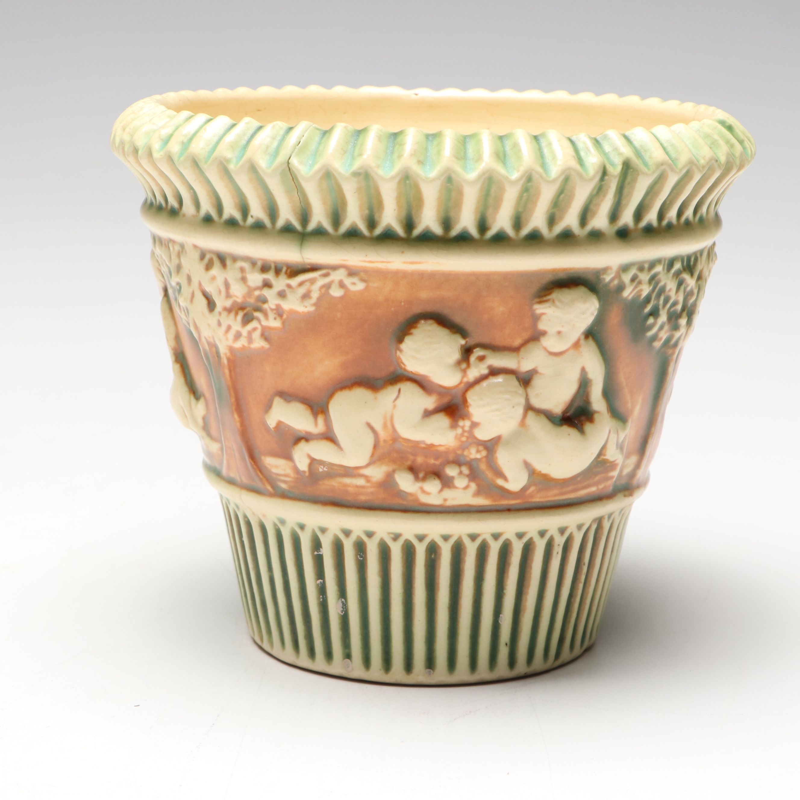 Roseville Pottery "Donatello" Ceramic Cherub Vases and Bowls, Early 20th Century