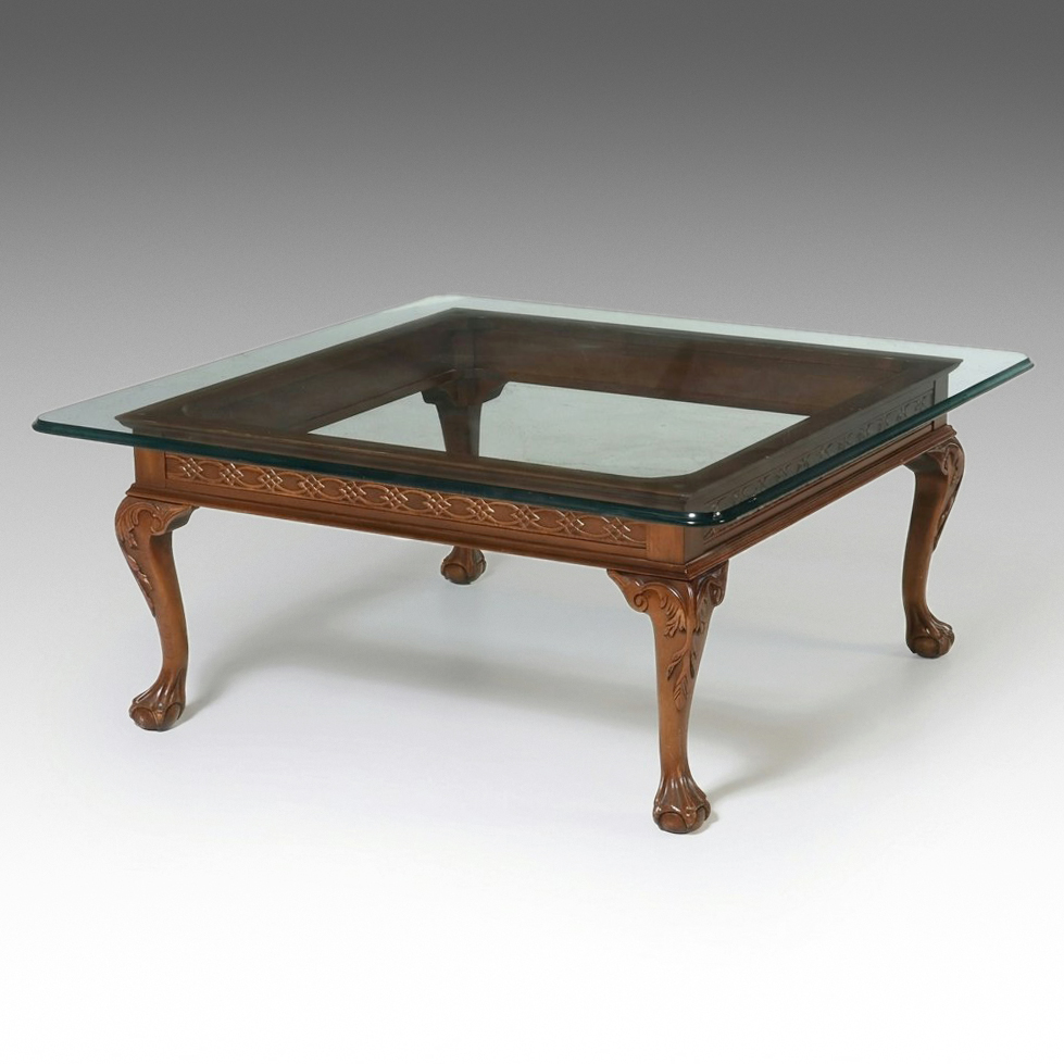 Chippendale Style Carved Mahogany Coffee Table with Glass Top