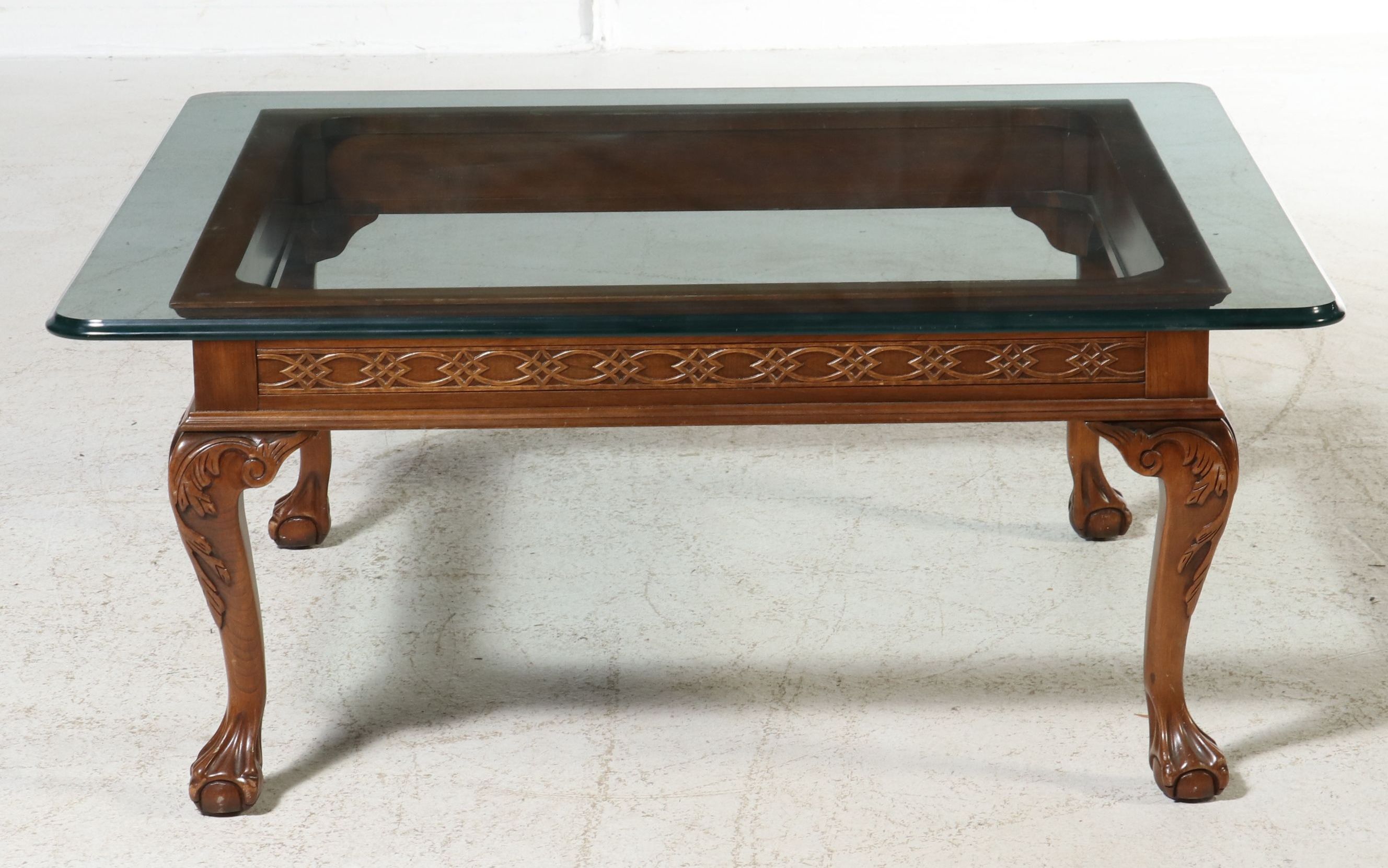 Chippendale Style Carved Mahogany Coffee Table with Glass Top