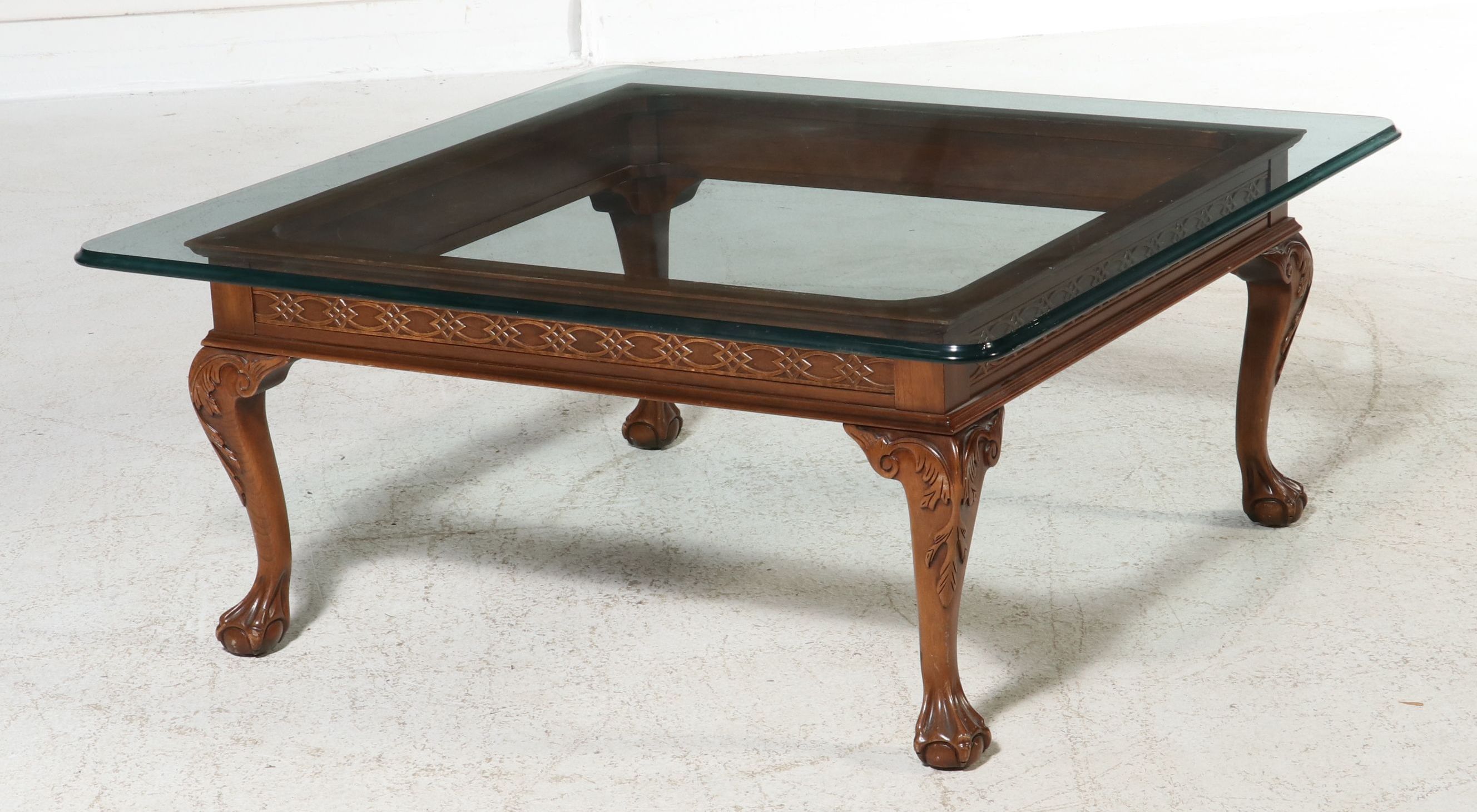 Chippendale Style Carved Mahogany Coffee Table with Glass Top