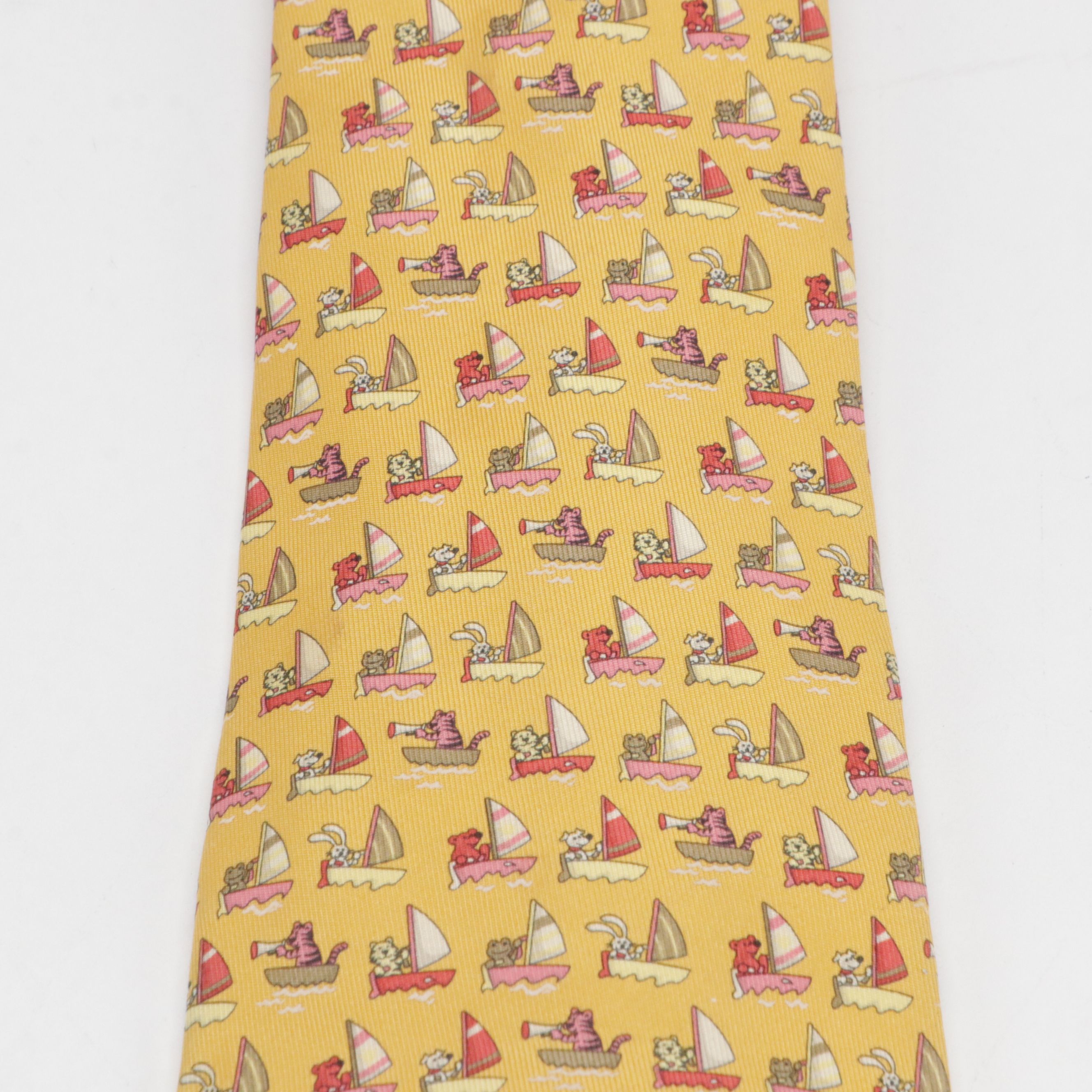 Salvatore Ferragamo Sailboat Animals Motif Silk Twill Necktie