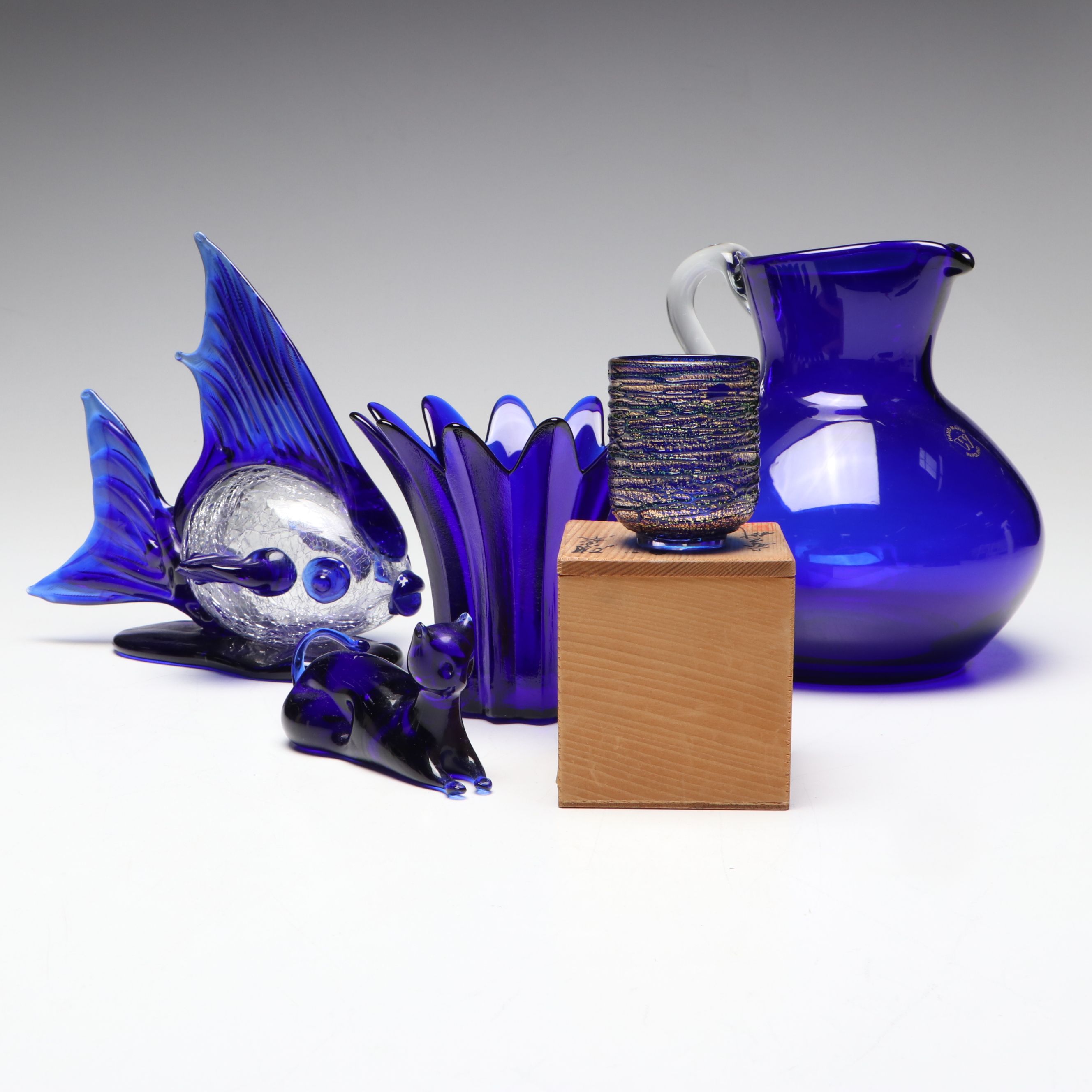 Polish Blown Glass Pitcher and More Cobalt Glass Figurines and Tableware