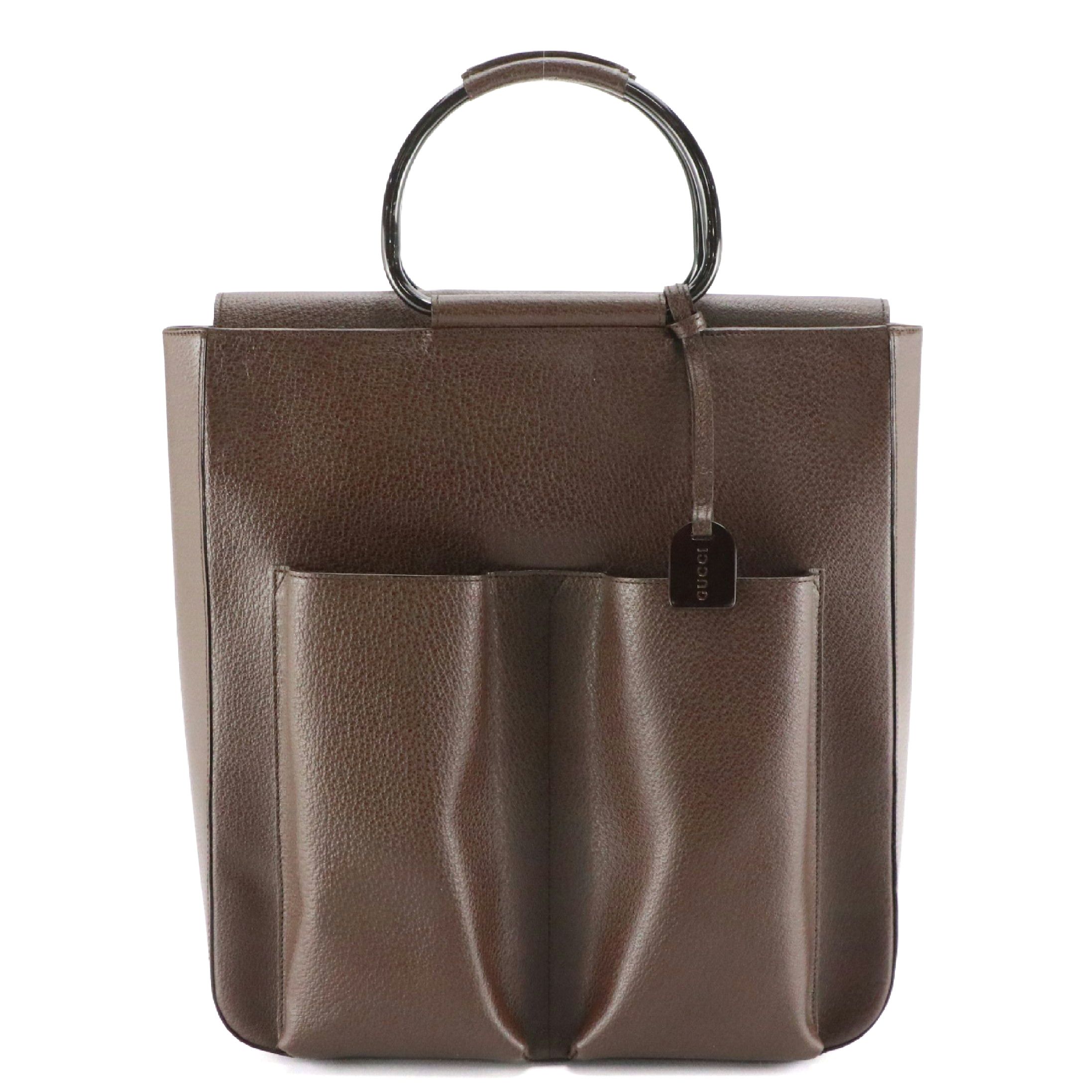 Gucci Double Front Pocket Top Handle Tote Bag in Brown Cinghiale Leather